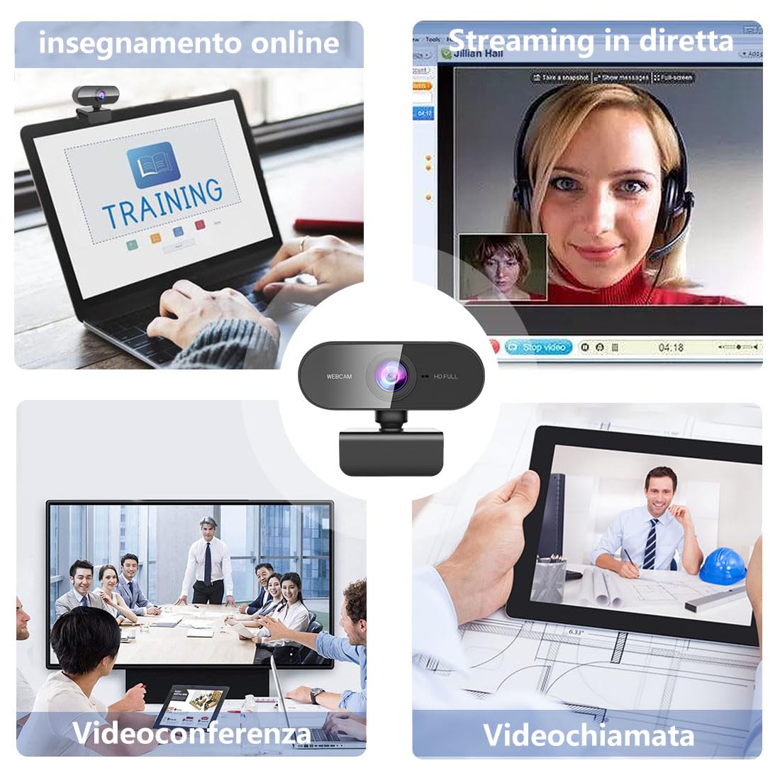 DDKJ Webcam Full HD 1080P con Microfono e Rotazione 360°, Telecamera PC per Videochiamate Zoom e YouTube USB Plug & Play Ideale per YouTube Streaming, Skype e Smart Working su Windows, Mac, Linux