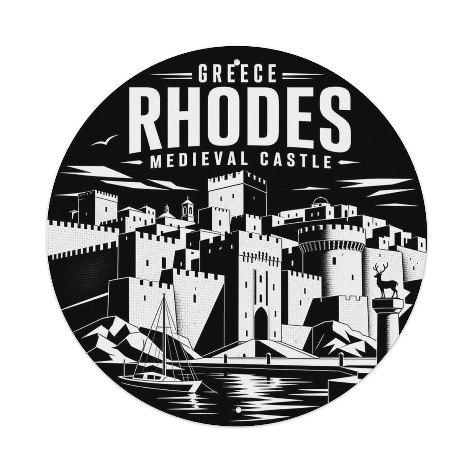 Rhodes Medieval Castle Greek Graphic Contrast Heritage Metal Tin Sign