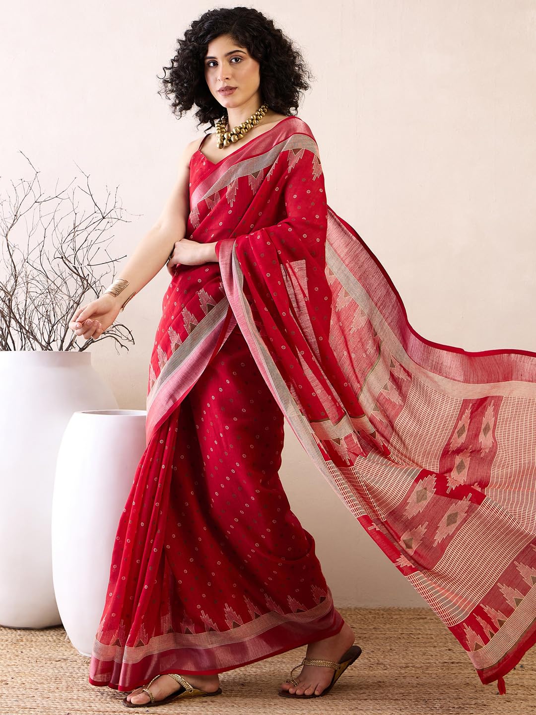 SAREE MALL Women's Red Cotton Linen Bagru Printed Ready To Wear one Minute Saree With Unstitched Blouse (RTWKHNA83004_AS) 2