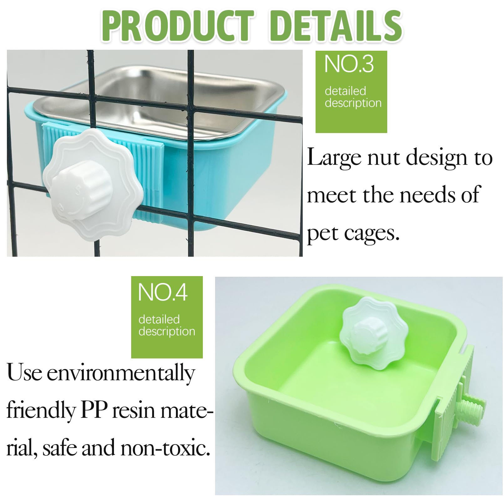 kathson Crate Dog Bowl, Removable Stainless Steel Hanging Pet Kennel Cage Bowl Food & Water Feeder Coop Cup for Puppy, Cat, Rabbit, Guinea Pigs 2pcs Small Square(Blue, Green) - image 4