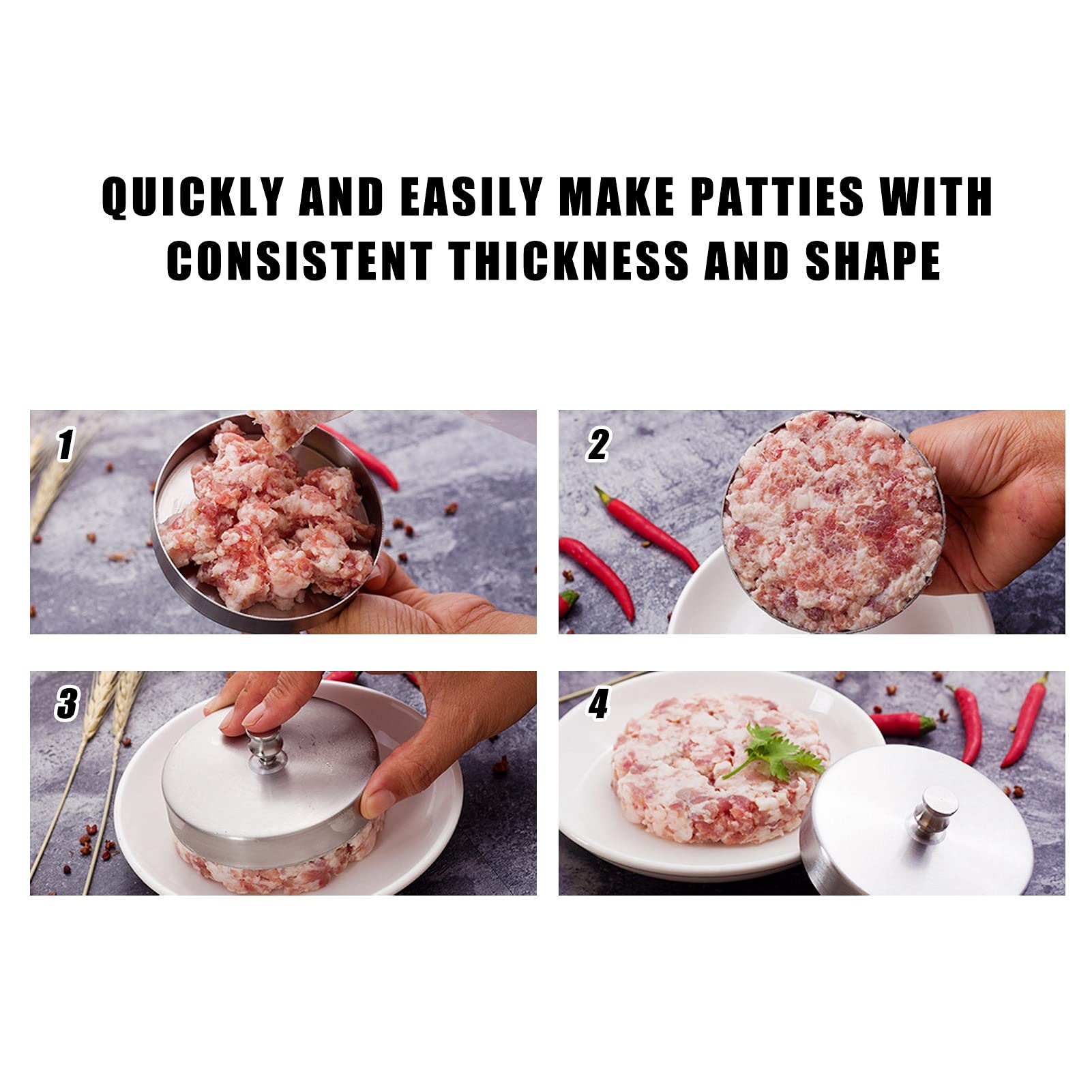 Pressa per hamburger in acciaio inox di qualità alimentare con rivestimento antiaderente Patty Presse con manico regolabile