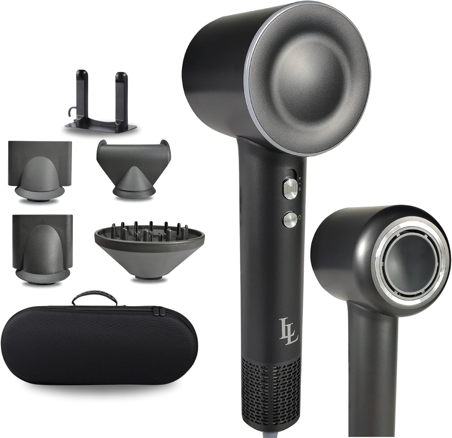 Largolash V6 Fohn met Diffuser, Perfect voor krullen Fohn, Ionische Haardroger, Haardroger 3 verschillende hitte standen en 2 windsnelheden, met 4 magnetische opzetstukken (Zilver)