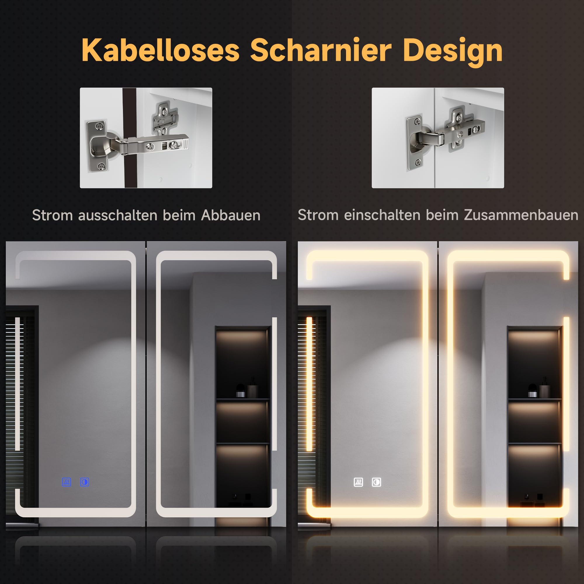 SONNI Szafka łazienkowa z lustrem LED, 60 x 59 cm, metalowa szafka z lustrem z dotykowym włącznikiem, 3 kolory światła + defogging, bezprzewodowy zawias, biała, łazienka, szafka medyczna