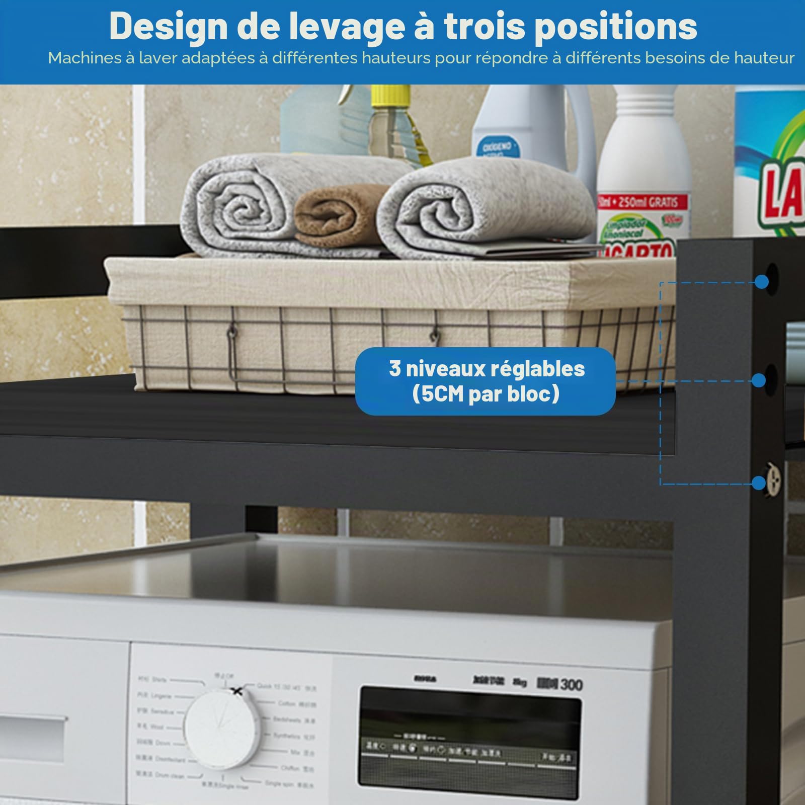 Support de machine à laver, réglable, en métal à double couche, étagère au-dessus de la machine à laver, étagère de machine à laver, armoire de conversion pour machine à laver, sèche-linge