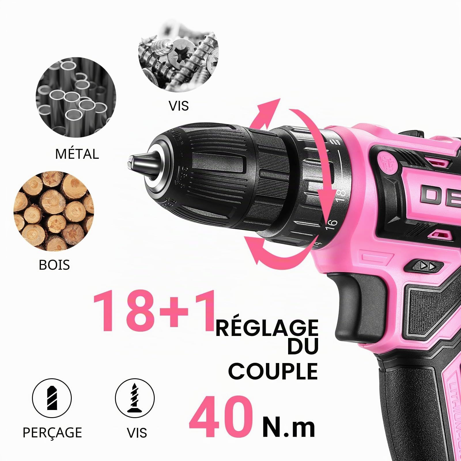 DEKOPRO Perceuse sans fil 20 V pour femmes avec batterie et chargeur, kit perceuse-visseuse