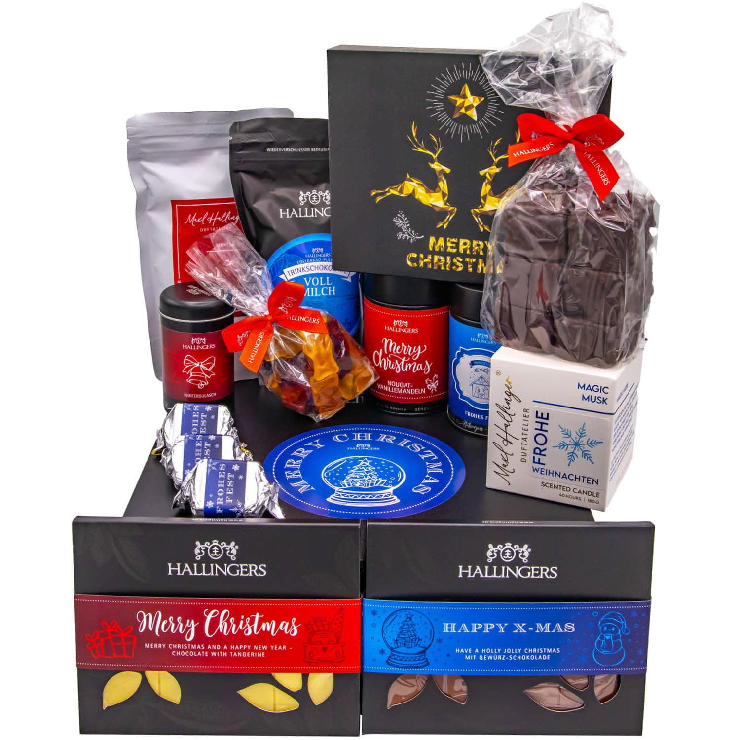 Hallingers Genuss Manufaktur Feinkost Weihnachts-Geschenk-Set - XXL-Geschenkkorb "Merry Christmas" große Selektion Pralinen, Lebkuchen, Gewürz, Nougat, Badezusatz & mehr, Weihnachten für Frauen Männer