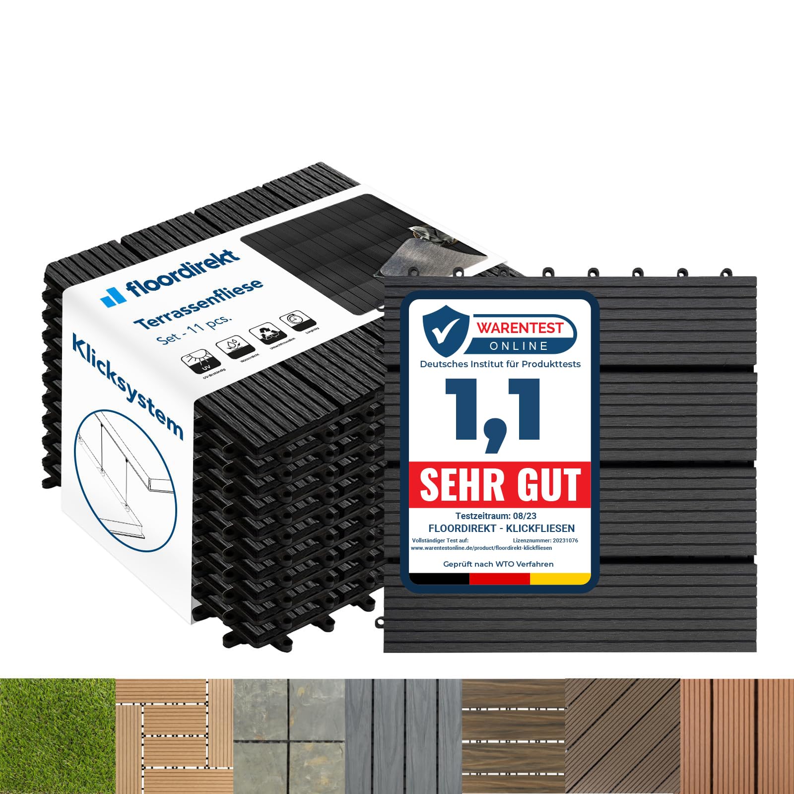 Floordirekt WPC Fliesen 30x30 cm, 1m² = 11 Terrassenfliesen, Klickfliesen, Balkonfliesen in Holzoptik - Bodenbelag für Balkon & Terrasse - wetterfest mit Drainagefunktion | Anthrazit | Royal