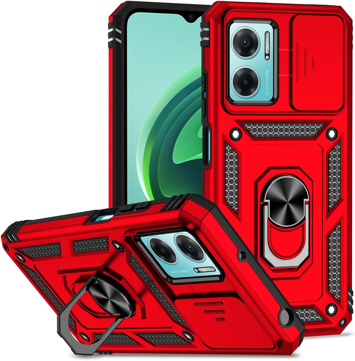 Case for Redmi 10 5G Case, Redmi Note 11E/Redmi 11 Prime 5G Case with Slide Camera Cover, Built-in 360° Rotate Ring Kickstand Magnetic Shockproof Phone Cover for Xiaomi Redmi 10 5G Red