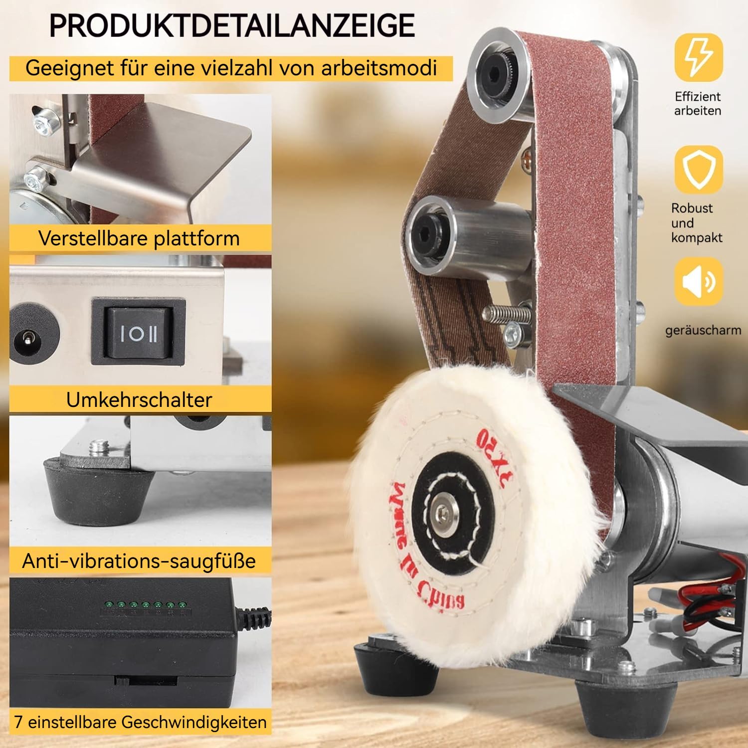 SI FANG Mini Elektrischer Bandschleifer Klein Messer mit 10pc Schleifbänder | 7-Stufig Einstellbare Messerschärfer, für Holz und Metall