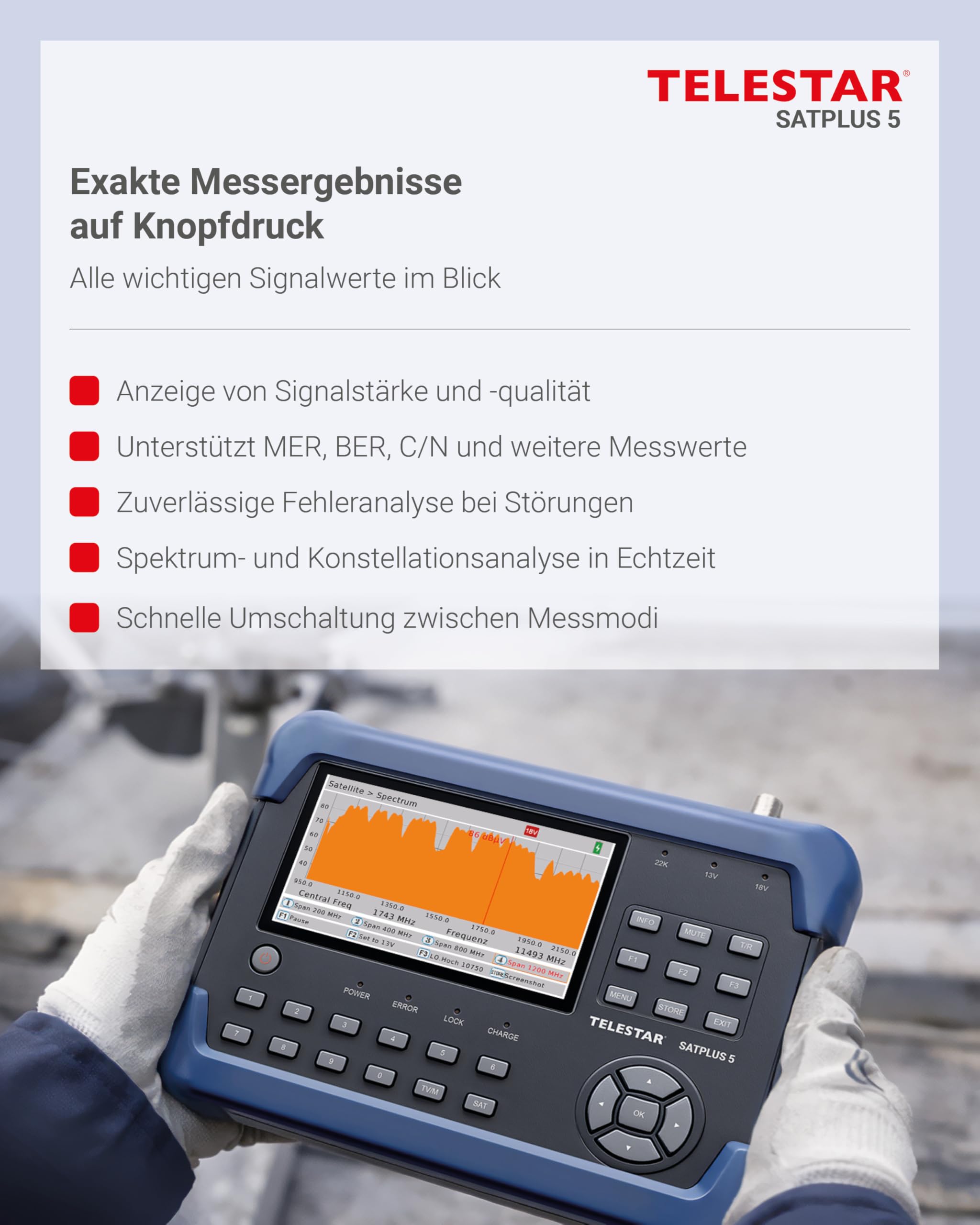 TELESTAR SATPLUS 5 – SAT Messgerät mit Live-TV-Bild | Für DVB-S/DVB-S2/DVB-C/DVB-T2, Unicable, 5″ Bildschirm