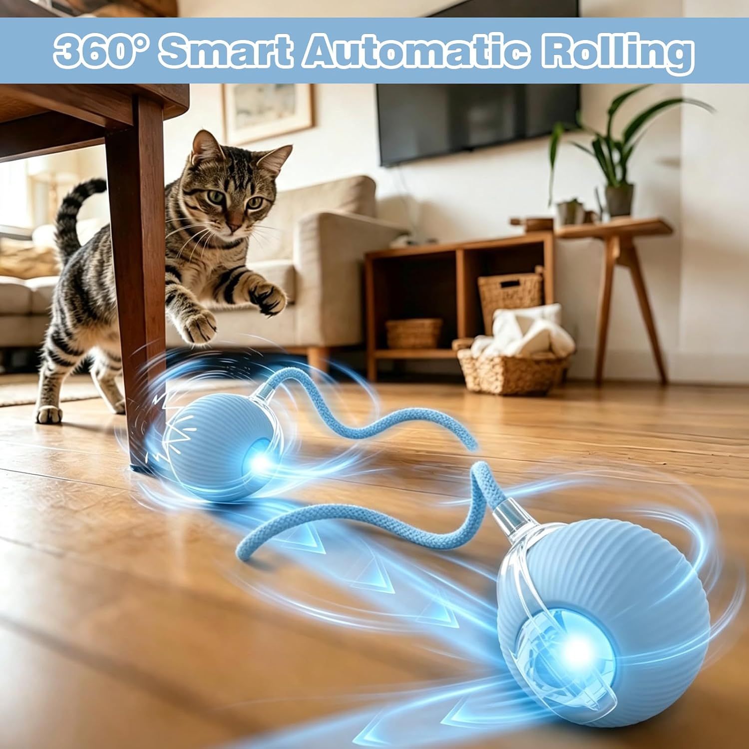 Automatic Interactive Rolling Cats Toys Ball for Indoor, Electric Automatic Rolling Pet Toy, 360° Smart Interactive Rolling Dog Ball Durable and Safe Material for Cat and Dog(Blue) image 2