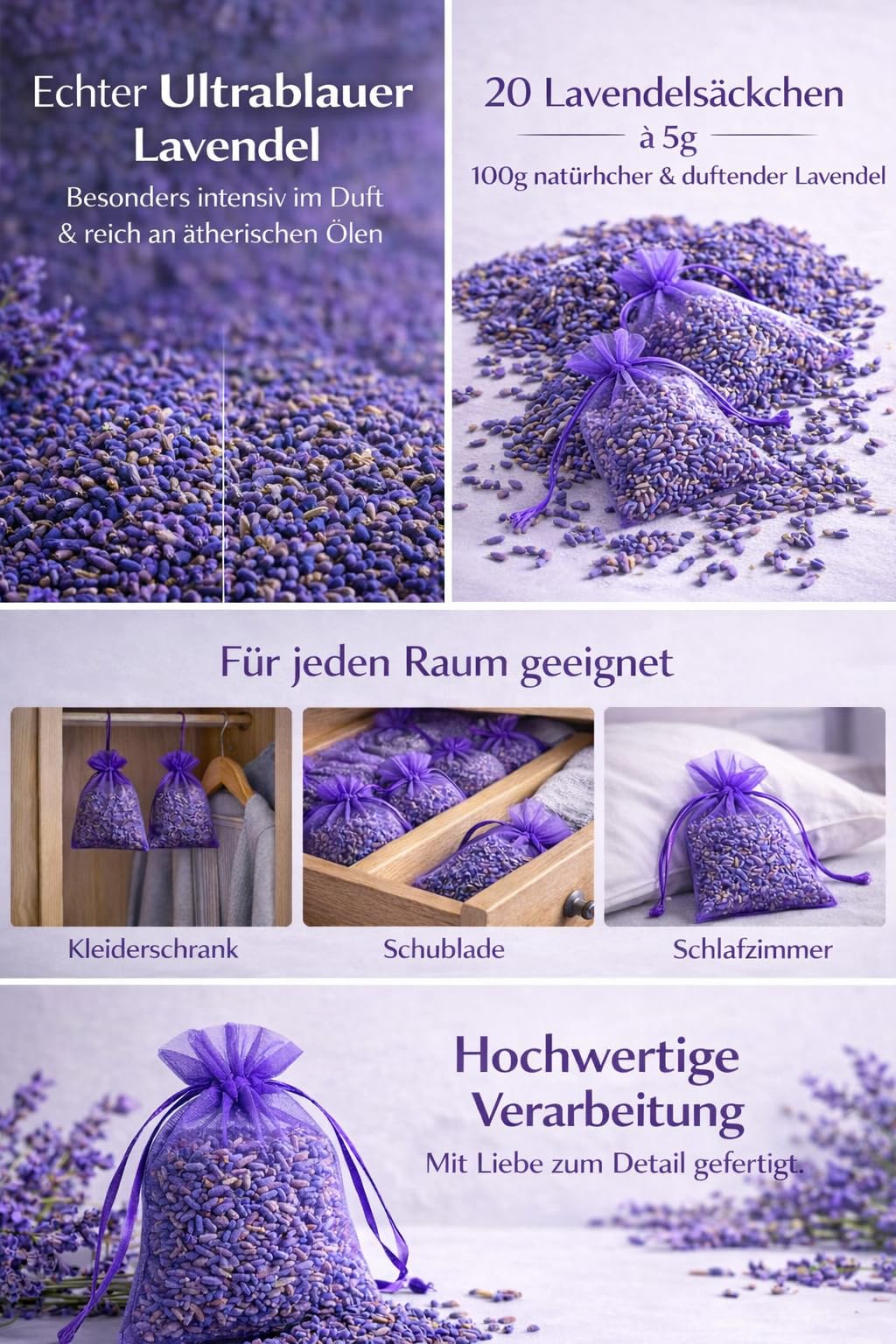 Lavoire 16x6g Sachets Parfumés Lavande - Boules de Mites - Lutte Naturelle Anti-Mites - Anti Mites - Piège à Mites - Mites Vêtements - Parfum Longue Durée, Durable & Apaisant - 100% Lavande Séchée