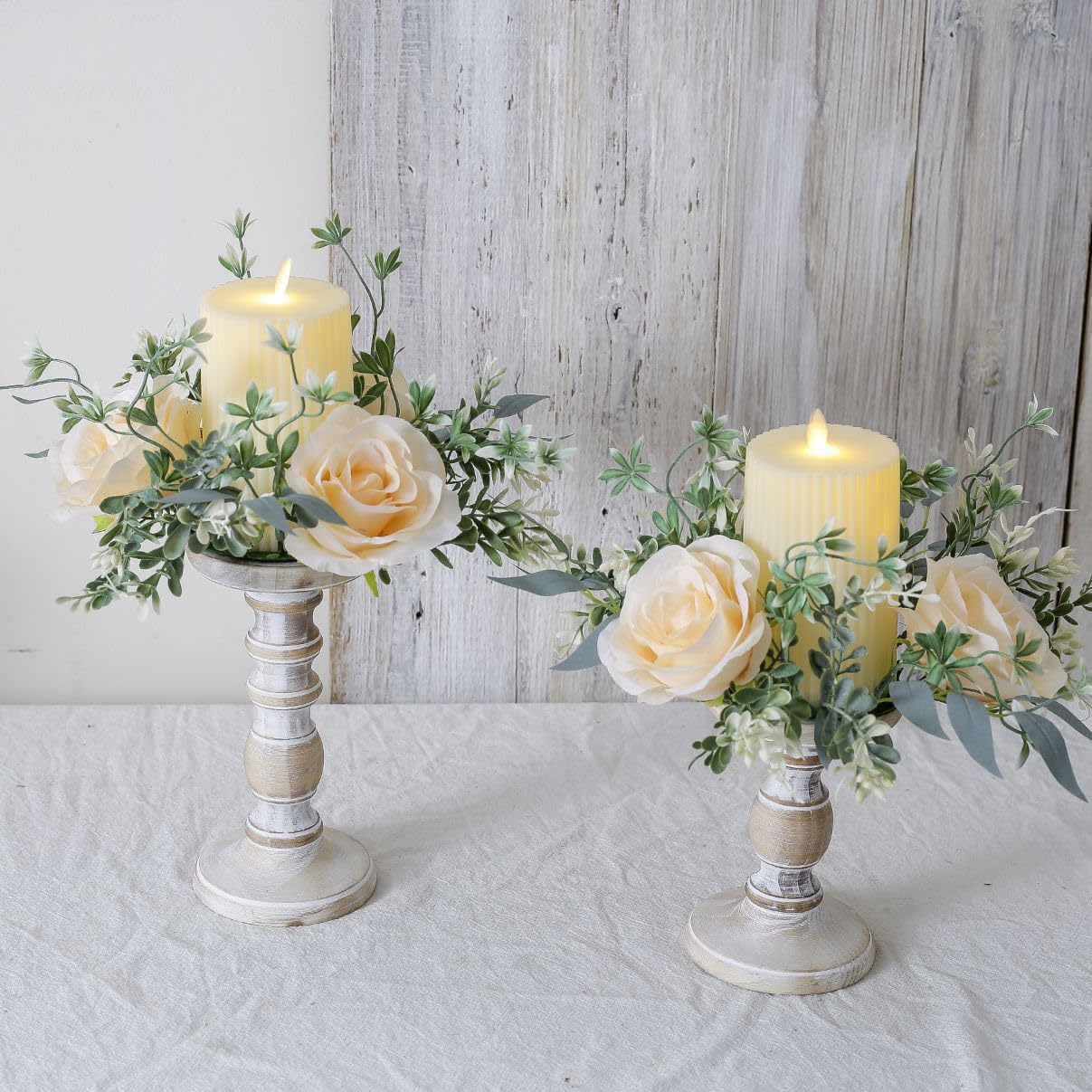 2 Pcs Artificial Flowers Candle Rings Fake Roses Floral Wreaths Wedding Centerpieces for Tables Spring Summer Farmhouse Weddings Party Ceremony Decor (Champagne)