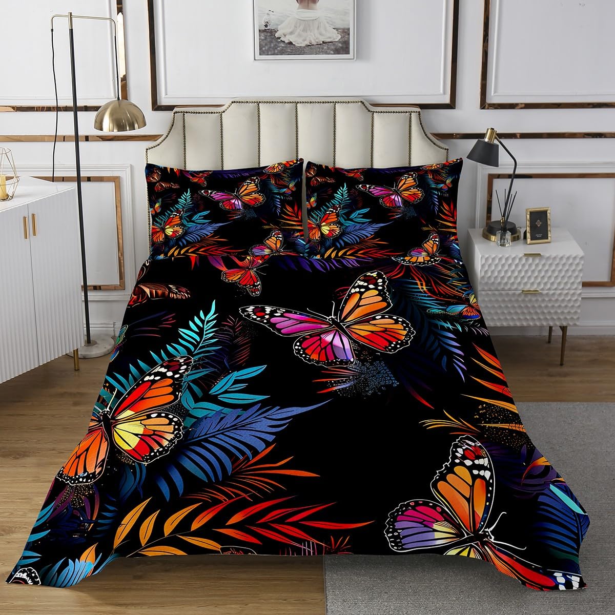 Erosebridal Butterflies Quilted Palm Leaves Bedspread King Size, Dreamy Orange Butterfly Coverlet Set Botanical Weed Quilt Set for Boys Girls Child, Animal Rural Pastoral Style Bedroom Decor