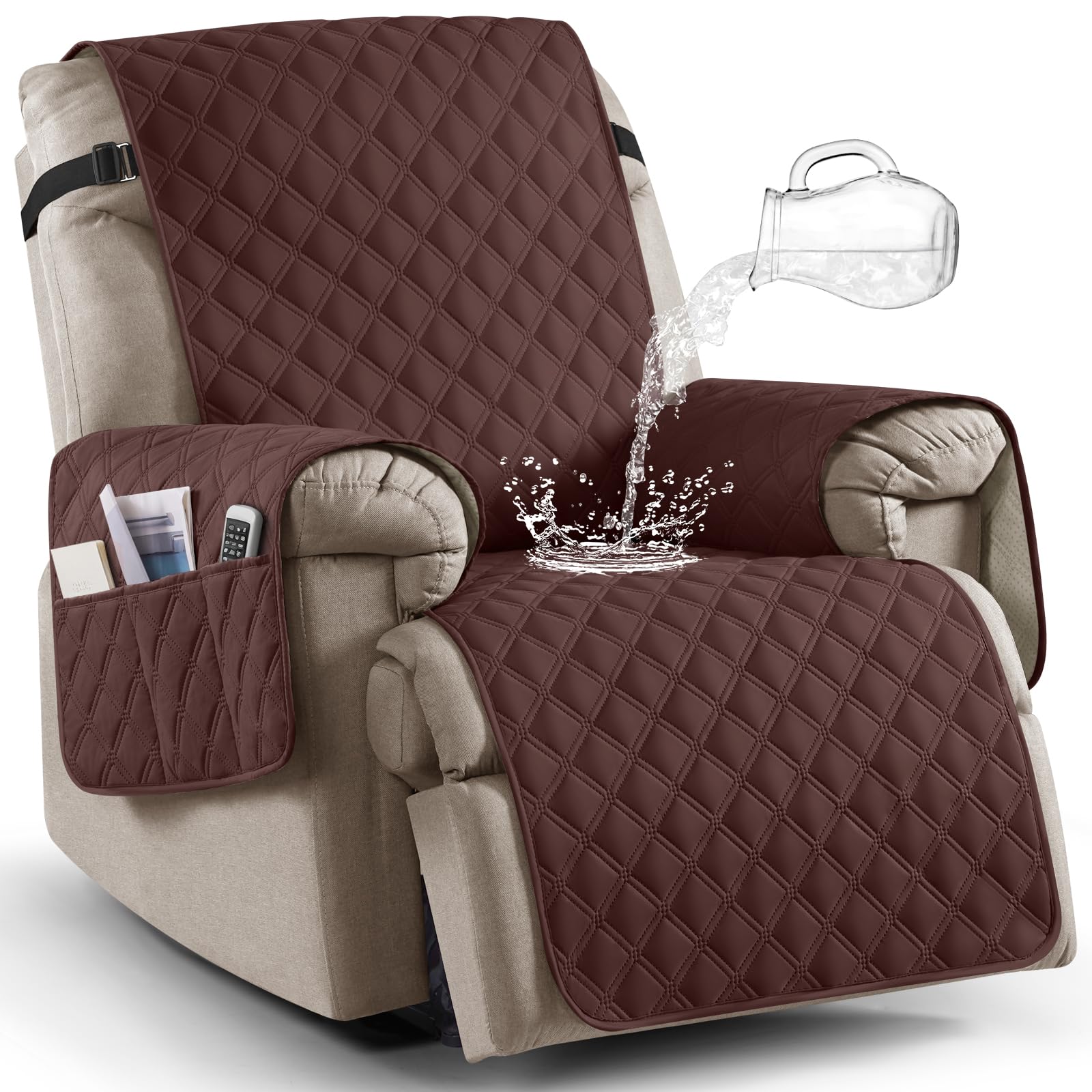 Photo 1 of Ruaozz 100% Waterproof Recliner Chair Covers, Non-Slip Reclining Covers for Recliner Chair Washable Chair Cover, Recliner Covers with Pockets for Kids, Dogs, Pets (Coffee, 28'')