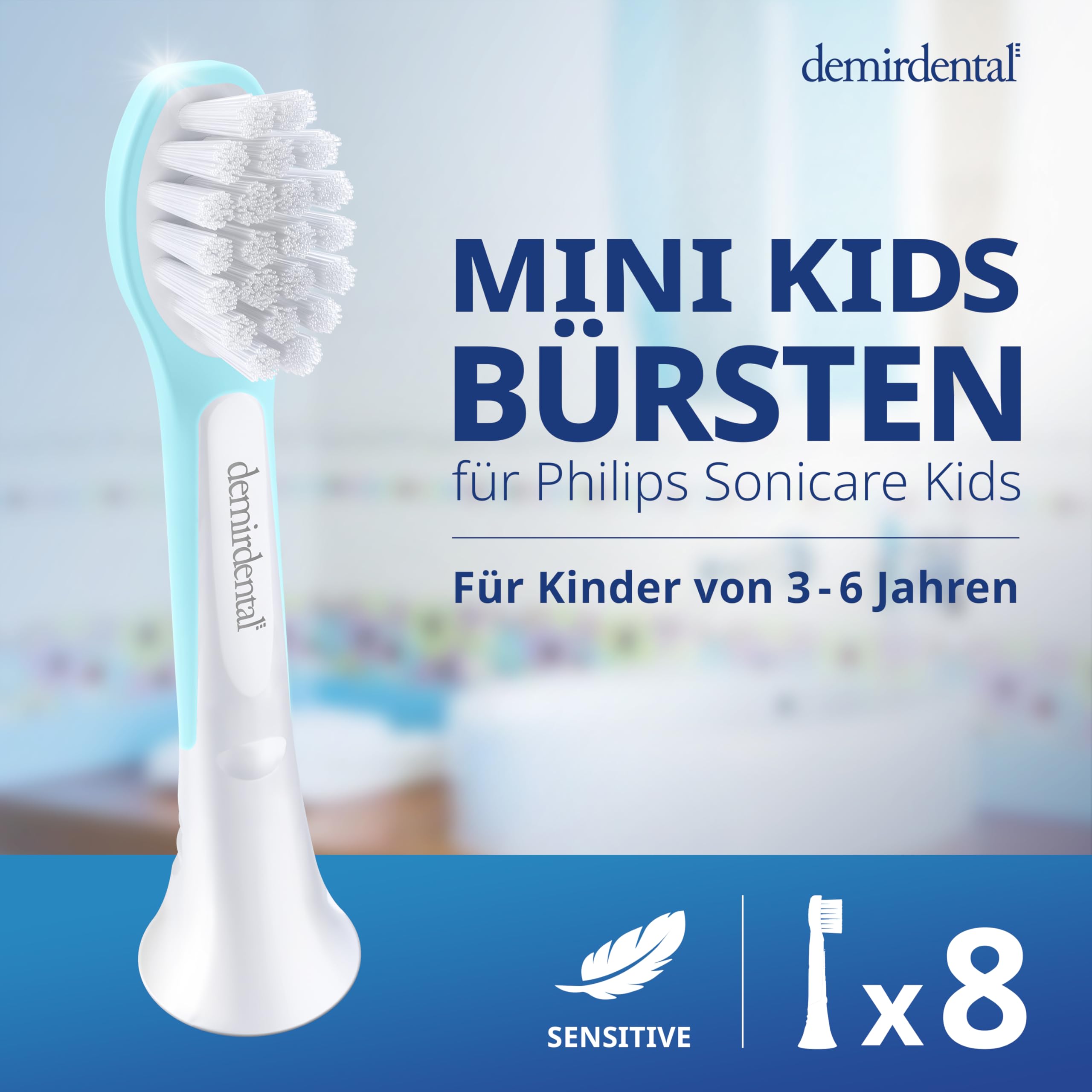 demirdental Kinder Ersatzbürsten passend für Philips Sonicare Kids – Mini Aufsteckbürsten für 3-6 Jahre, extra weiche Bürstenköpfe für Milchzähne, entspricht HX6034, Türkis, 8er Set