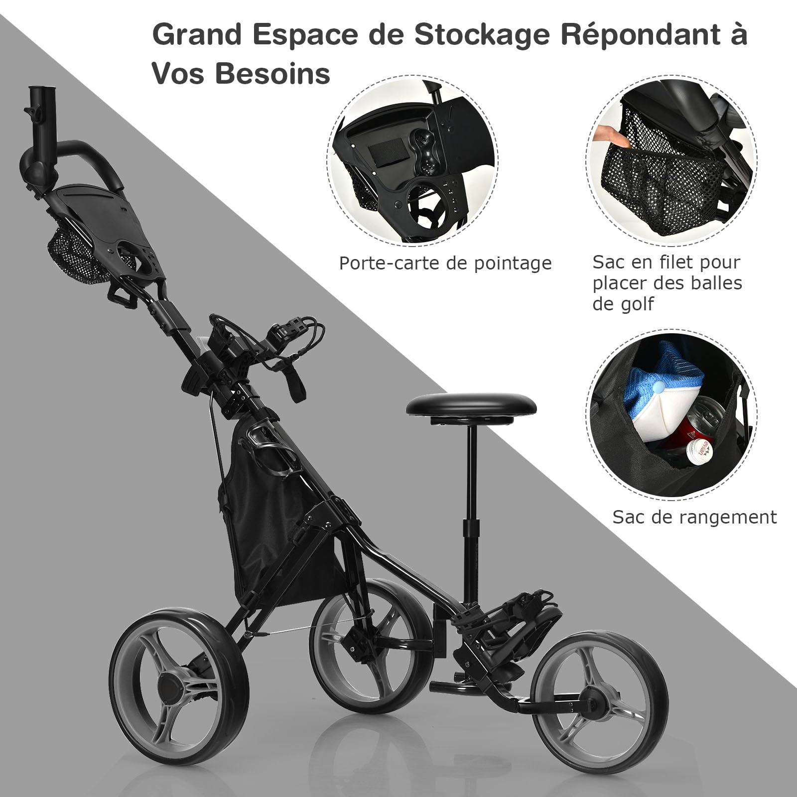 GOPLUS Chariot de Golf à 3 Roues,Voiturettes Golf à 3 Roues Pliable, Pousser Tirer Deluxe, Chariot de Golf Manuel, Ouverture Facile, 130x75x98,5-115,5cm