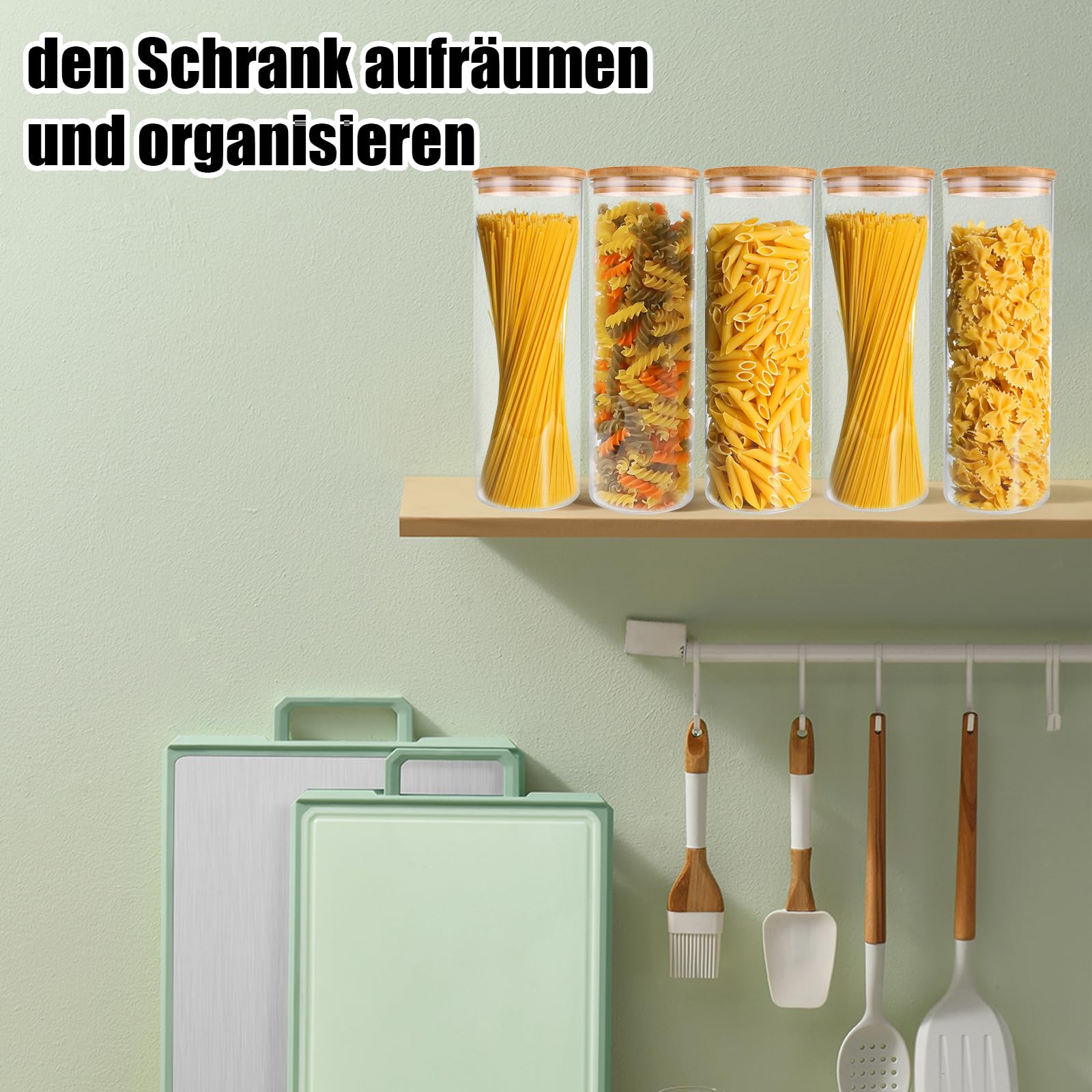 Set di 5 barattoli per alimenti in vetro con coperchio, 2100 ml, 10 cm x 10 cm x 30 cm, stile naturale minimalista, barattolo per spaghetti, pasta, cereali