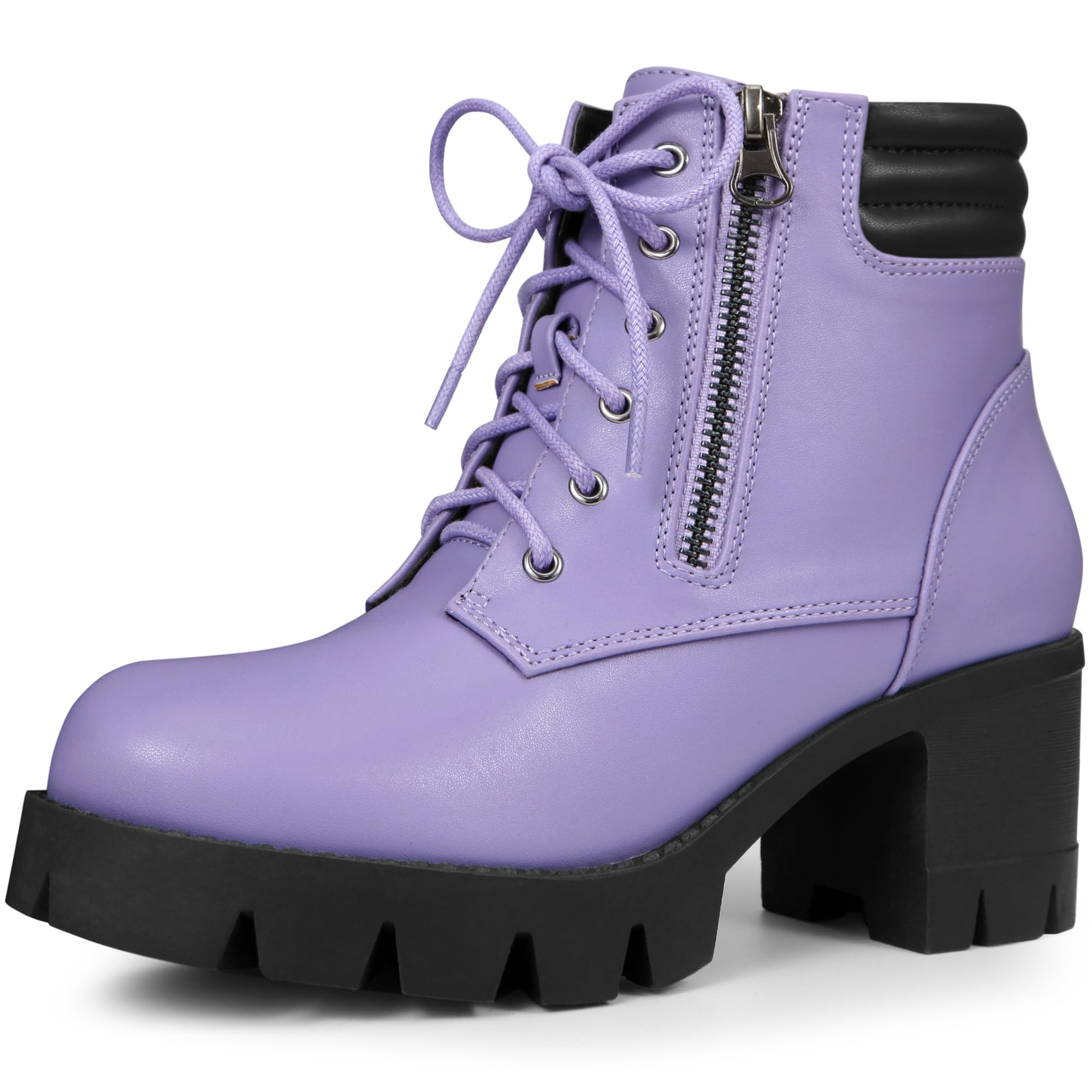 Allegra K Womens Round Toe Chunky Heel Lace Up Zipper Combat Boots
