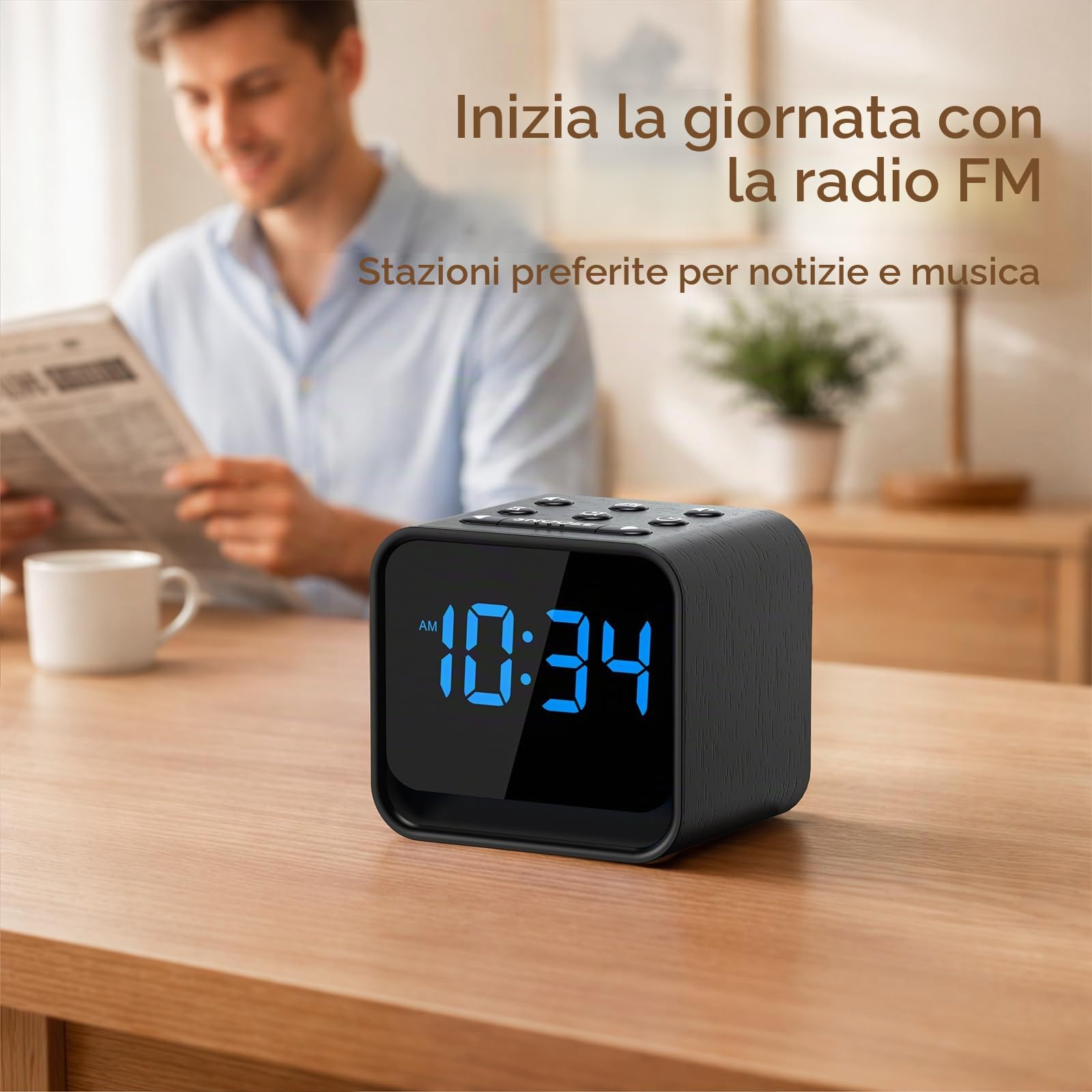 DOUMOSH Radiosveglia con suoni naturali e indicatore LED dimmabile, sveglia digitale notturna con luce e volume in aumento, sveglia radio FM per camera da letto e comodino