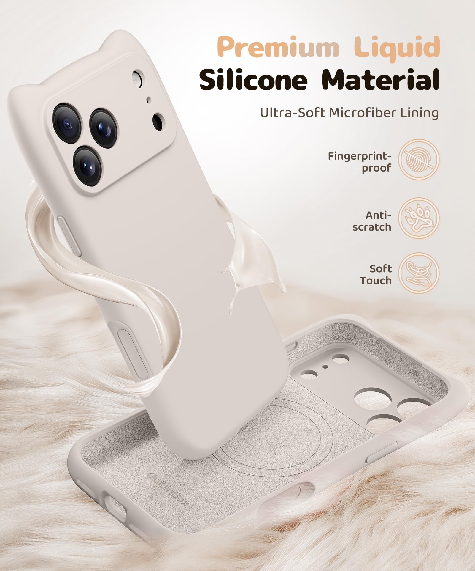 GolbinBox Funda magnética para iPhone 17 Pro Max, compatible con MagSafe, protección completa de la cámara, funda de silicona líquida con bonita oreja de gato, funda de cuerpo completo a prueba de