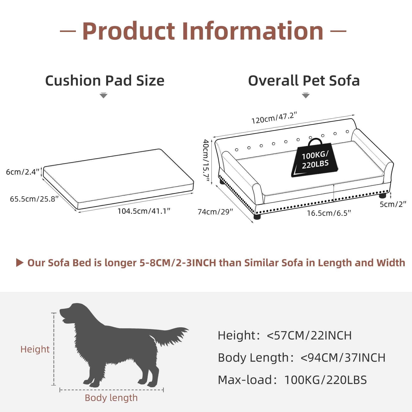 BingoPaw Sofa Perro Extra Grande y Ancho Elevada Cama de Lujo xxl para Mascotas 120x19x78cm Sillon con Pata Madera y Piel Sintetica Refrescante Irrompible Antipelo con Almohada Desmontable Impermeable