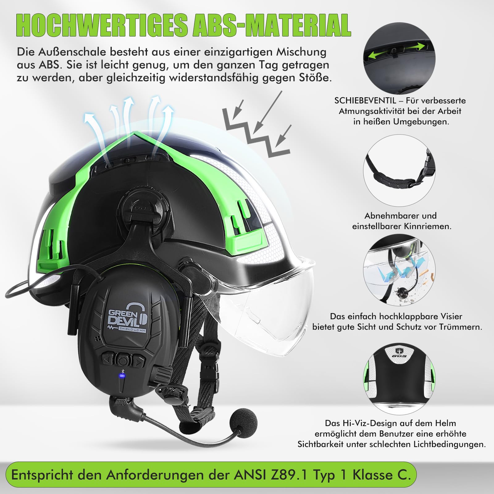 GREEN DEVIL X-Armor Schutzhelm mit Aktivem Gehörschutz und Klarem Visier Arbeitshelm ABS Sicherheitshelm EN 397 Industriehelm EN352-konforme SNR 32dB mit Bluetooth