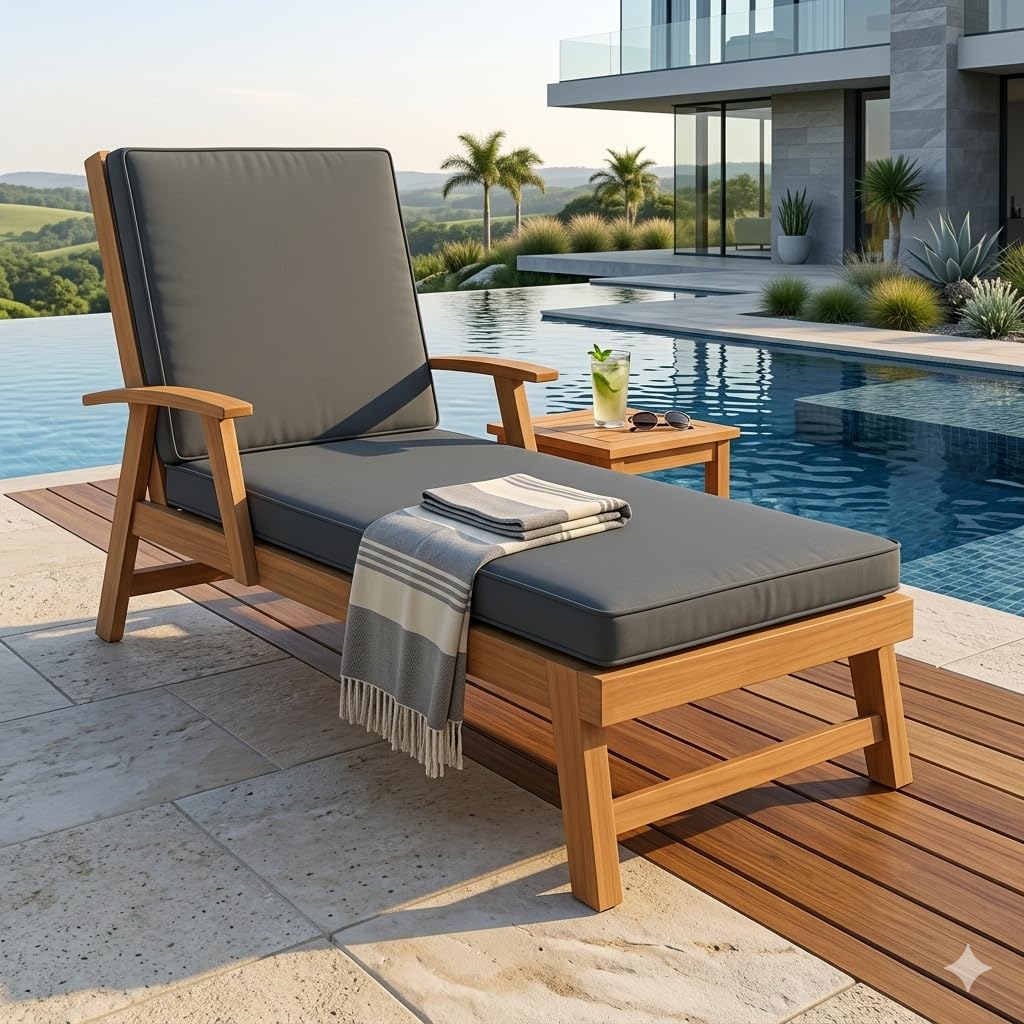 Waterproof Sun Lounger Foam Cushion - Garden Sunbed Recliner Pad - Foldable Deck Bed Deck Chair Cushion - Removable Washable Zip Cover - For Patio, Poolside, Beach Indoor & Outdoor (Grey)