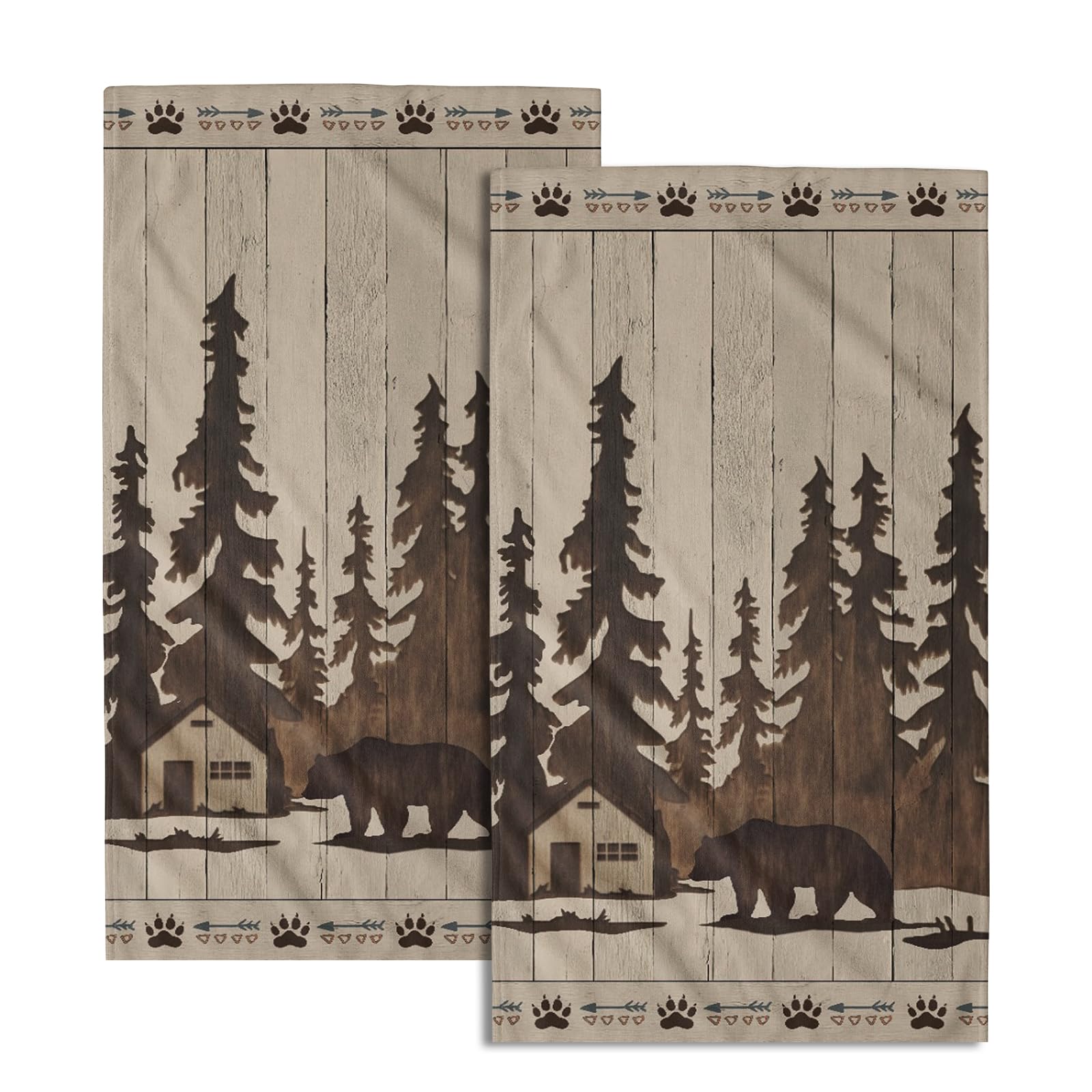 Giwawa Brown Bear Hand Towels Forest Cabin Bath Fingertip Towels Set of 2 Soft Guest Face Towel Bathroom Decoration Thin Kitchen Tea Dish Towels