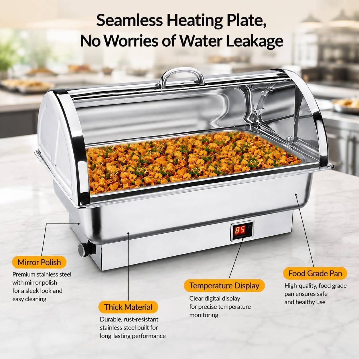 Calentador de Buffet Eléctrico 9L, Set Chafing Dish con Tapa Abatible