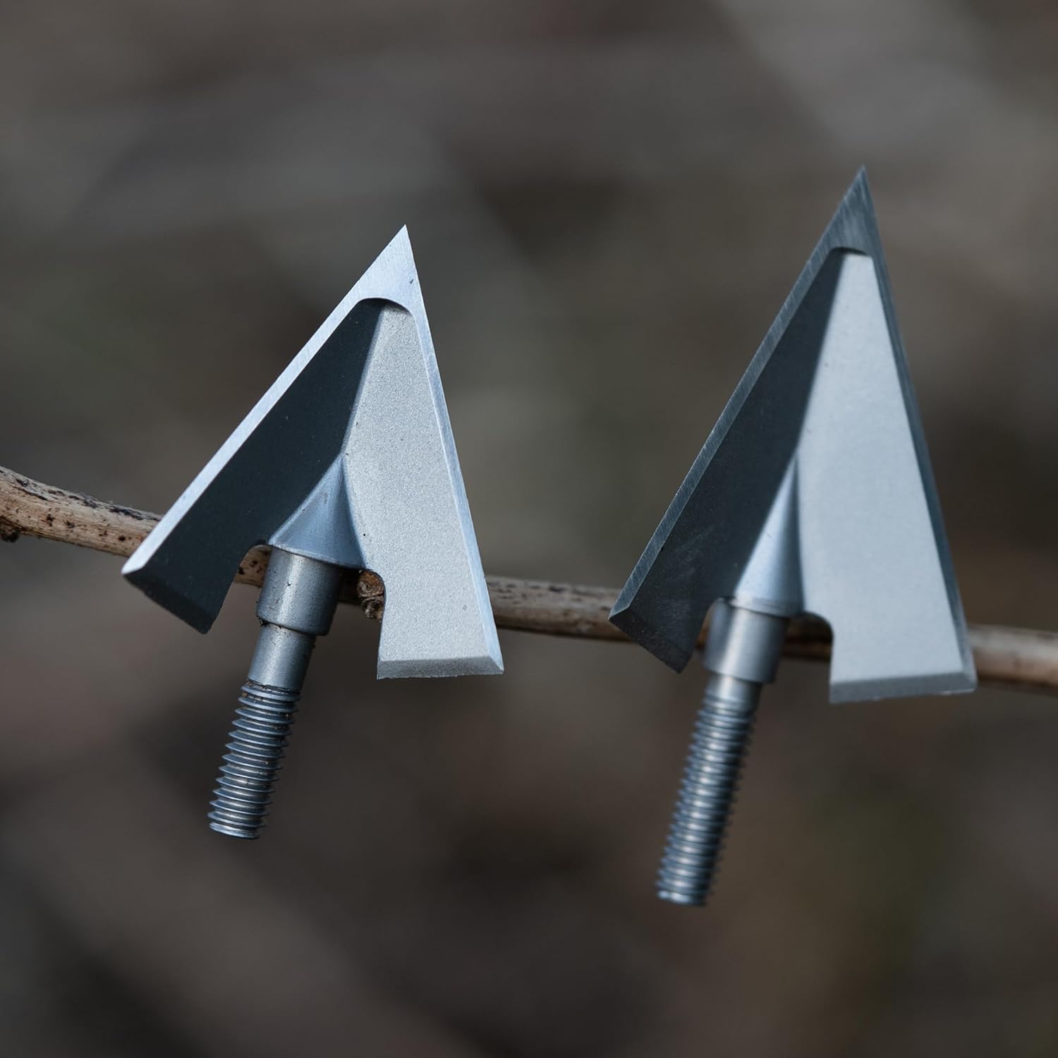 Two DEEPOWER broadheads, one slightly larger than the other, resting on a branch, highlighting their solid construction.
