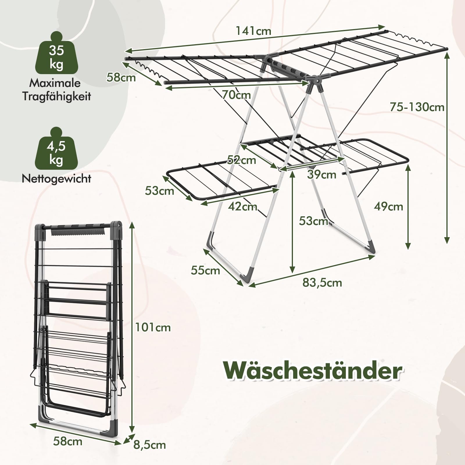 COSTWAY Wäscheständer klappbar, Wäschetrockner ausziehbar mit 2 Ebenen, Standtrockner höhenverstellbar mit Flügeln & Schuhablage, Trockenständer Wäscheturm für Innen Außenbereich