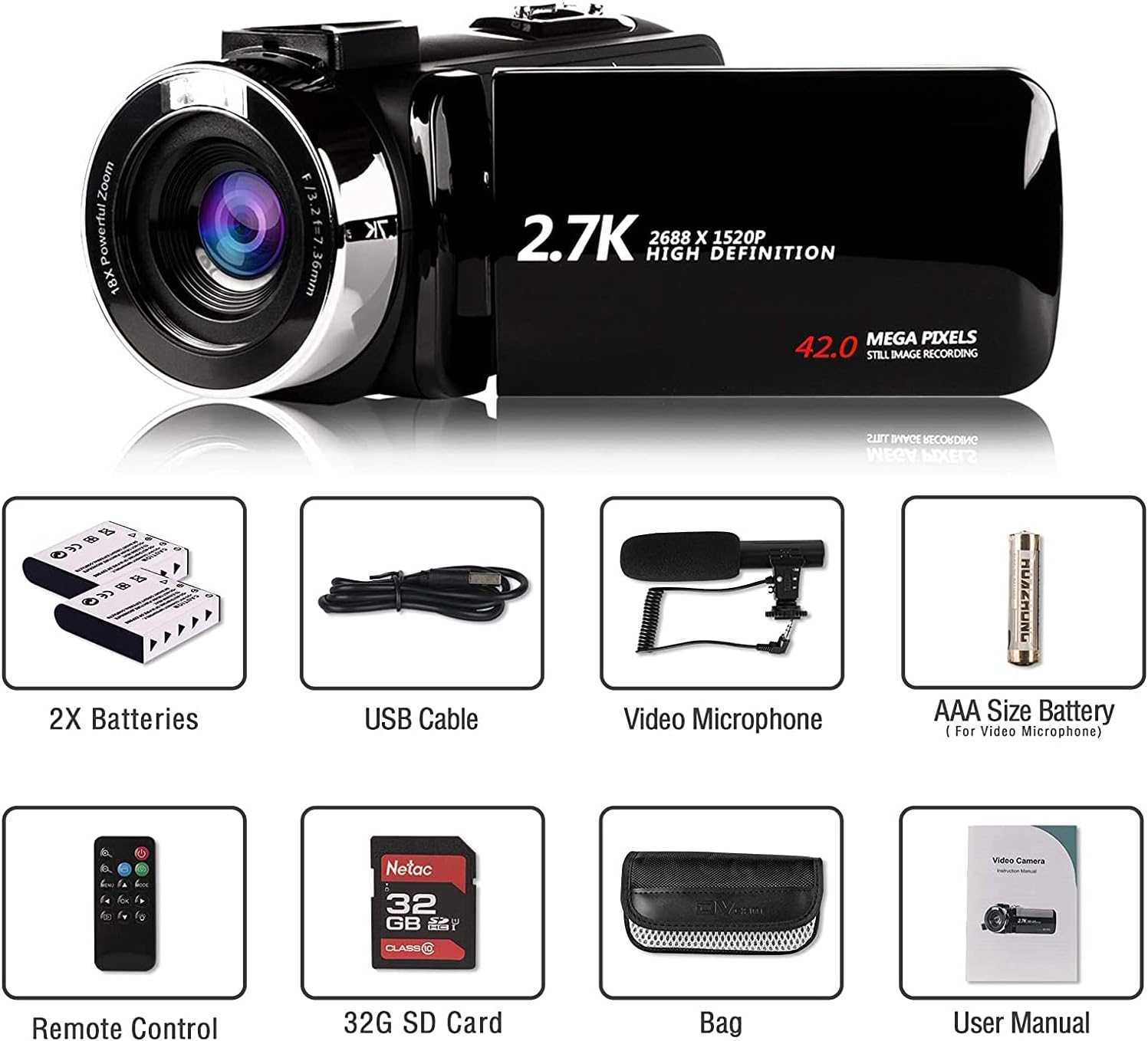 🛒 Crazy Deals Video Camera Camcorder with Microphone 2.7K Full HD YouTube Vlogging Camera 42.0 MP 18X Digital Zoom Camera Recorder 3.0 Inch Screen with 2 Batteries and 32GB SD Card