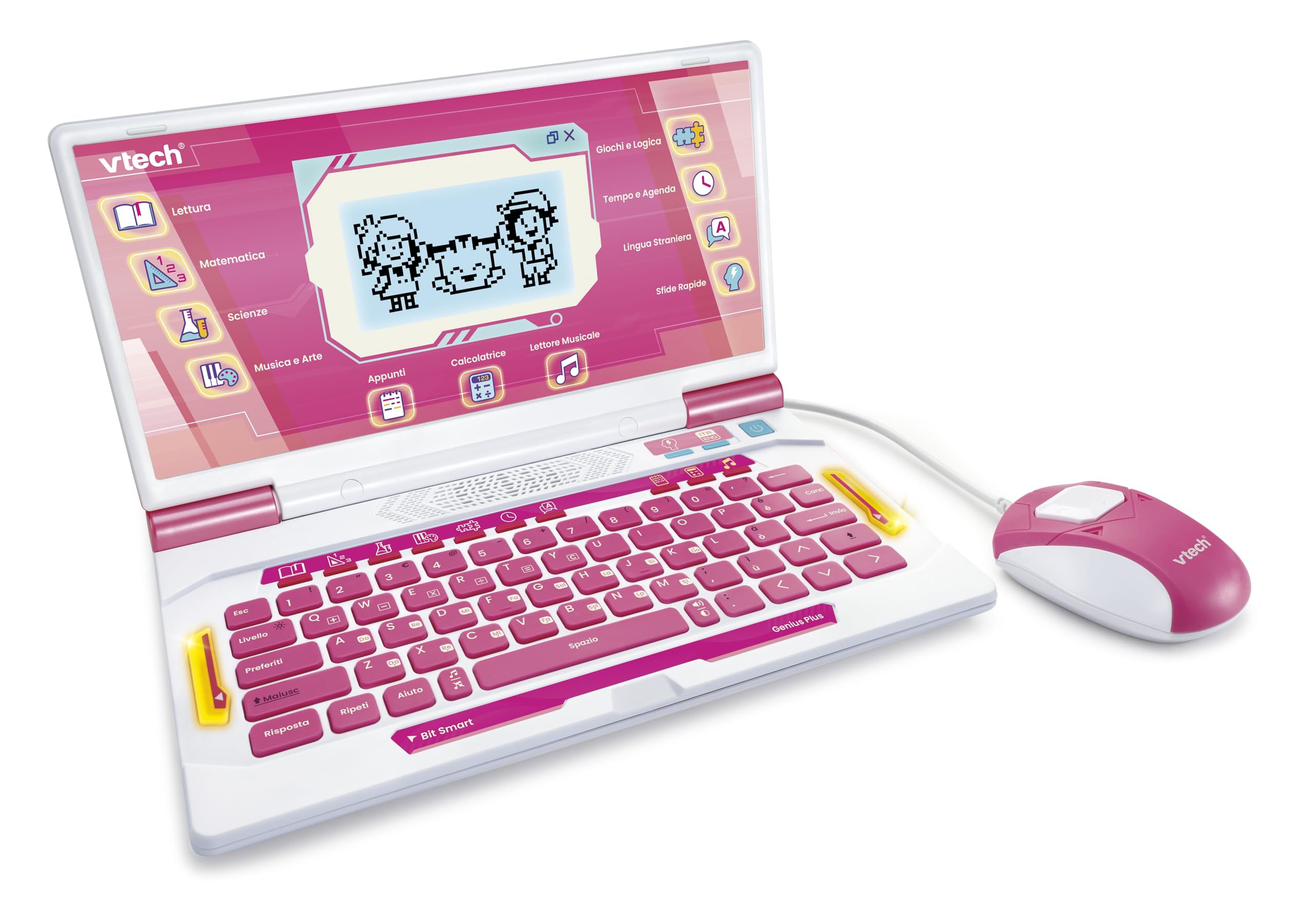 VTech Bit Smart Genius Plus Rosa, komputer interaktywny dla dzieci, w zestawie komputer z myszką, 164 aktywności, komputer edukacyjny włoski i angielski, klawiatura QWERTY, baterie w zestawie, 6-11
