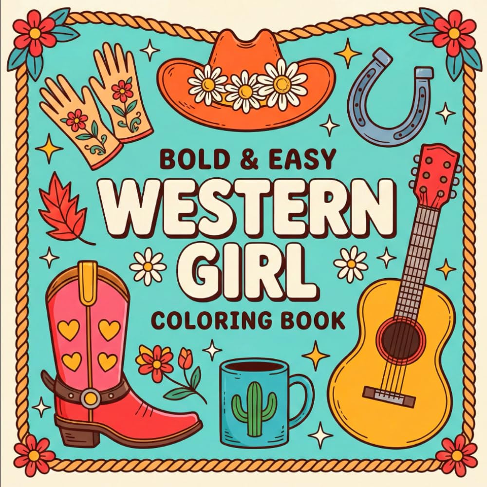 Bold & Easy Western Girl Coloring Book: 50+ Cute Cowgirl Coloring Pages Featuring Horses, Boots & Rustic Outfits