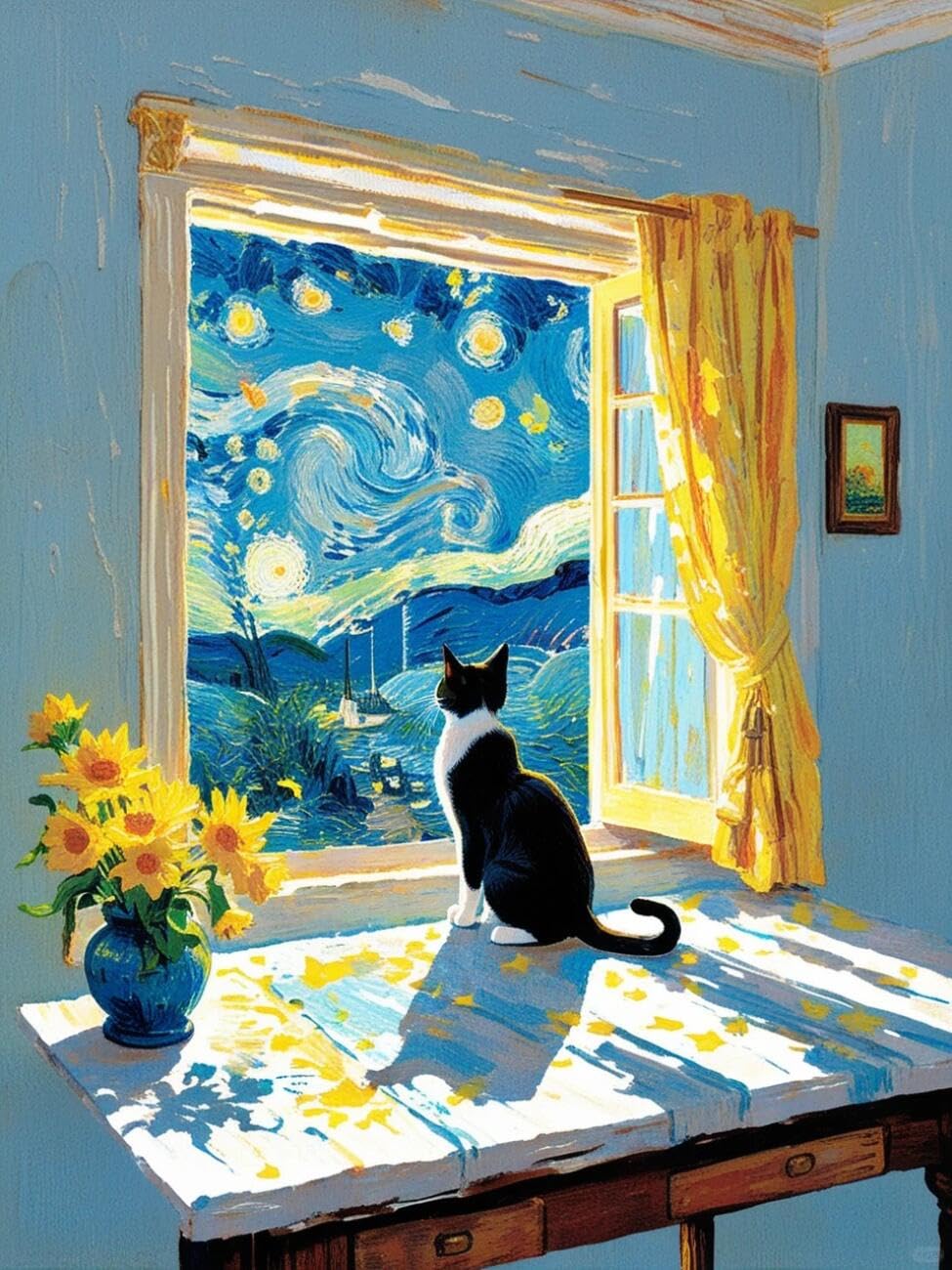 Henypt Cross Stitch Kits Cat by the Window Landscape DIY Needlepoint Set for Beginners The Elderly with Accessories Home & Leisure/Gifts 14CT 80x100cm