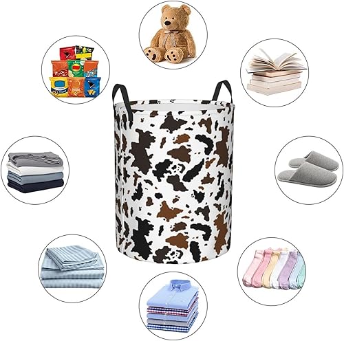 Miniatura 6 de Cesta circular para ropa sucia, paquete organizador con estampado de vaca negra y marrón, bolsa de almacenamiento grande con asas, contenedor