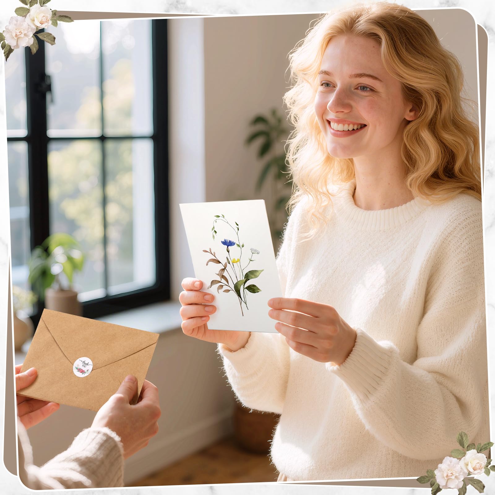 VZZNN Lot de 100 cartes de remerciement motif fleurs sauvages (10,2 x 15,2 cm), cartes de remerciement pour petite entreprise, carte de mariage avec enveloppe, livrées avec 108 autocollants ronds