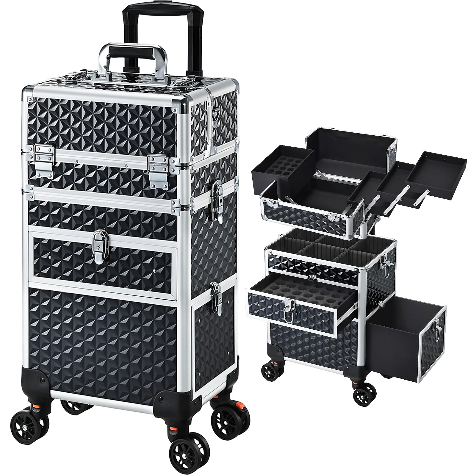 Makeup Trolley 4-in-1 Large Vanity Case Makeup Case on Wheels with Drawers Lockable Make Up Box Organiser Storage Professional Beauty Hairdressing Trolley on Wheels Nail Polish Organiser