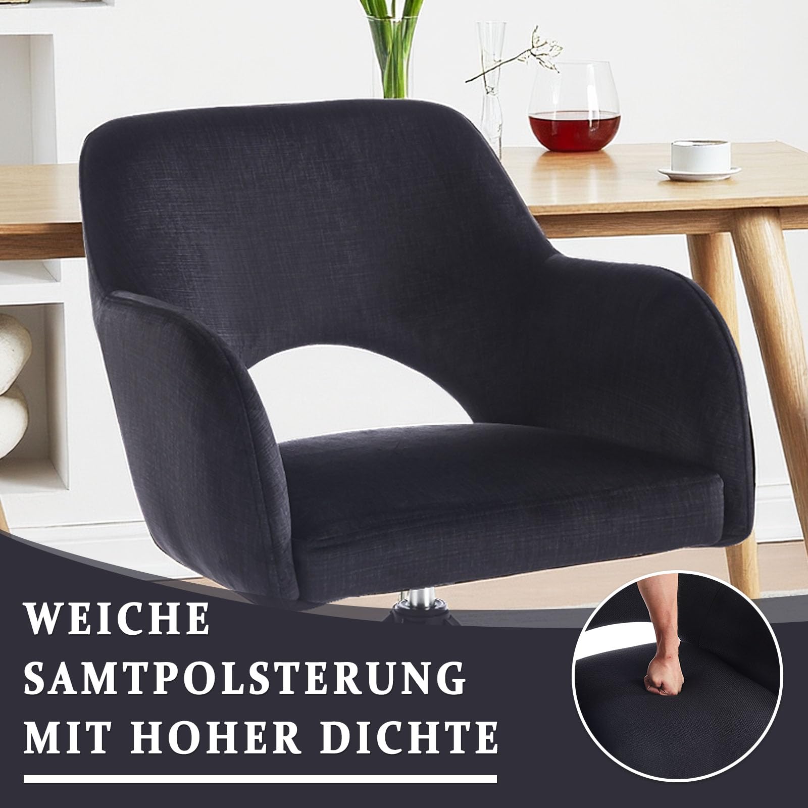 4er Set Drehbare Esszimmerstühle mit Armlehne – 360° Samt Polsterstuhl mit Auto-Return Funktion, Gepolstert, Schwarze Metallbeine, für Esszimmer & Küche