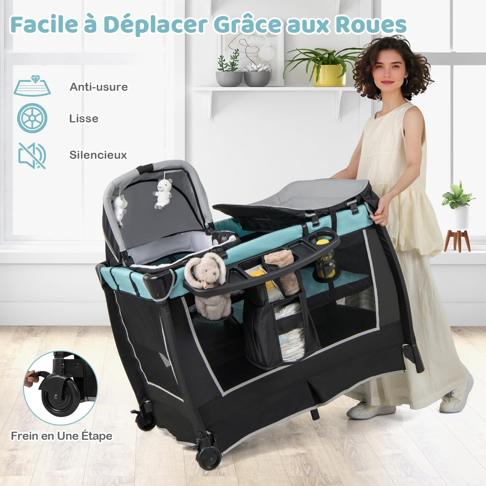 COSTWAY 6 en 1 Lit Parapluie Bébé avec Matelas & Table à Langer, Lit Bébé Evolutif avec Auvent Réglable & 2 Jouets, Musique et Sac de Transport, Berceau pour Bébé de 0-3 Ans