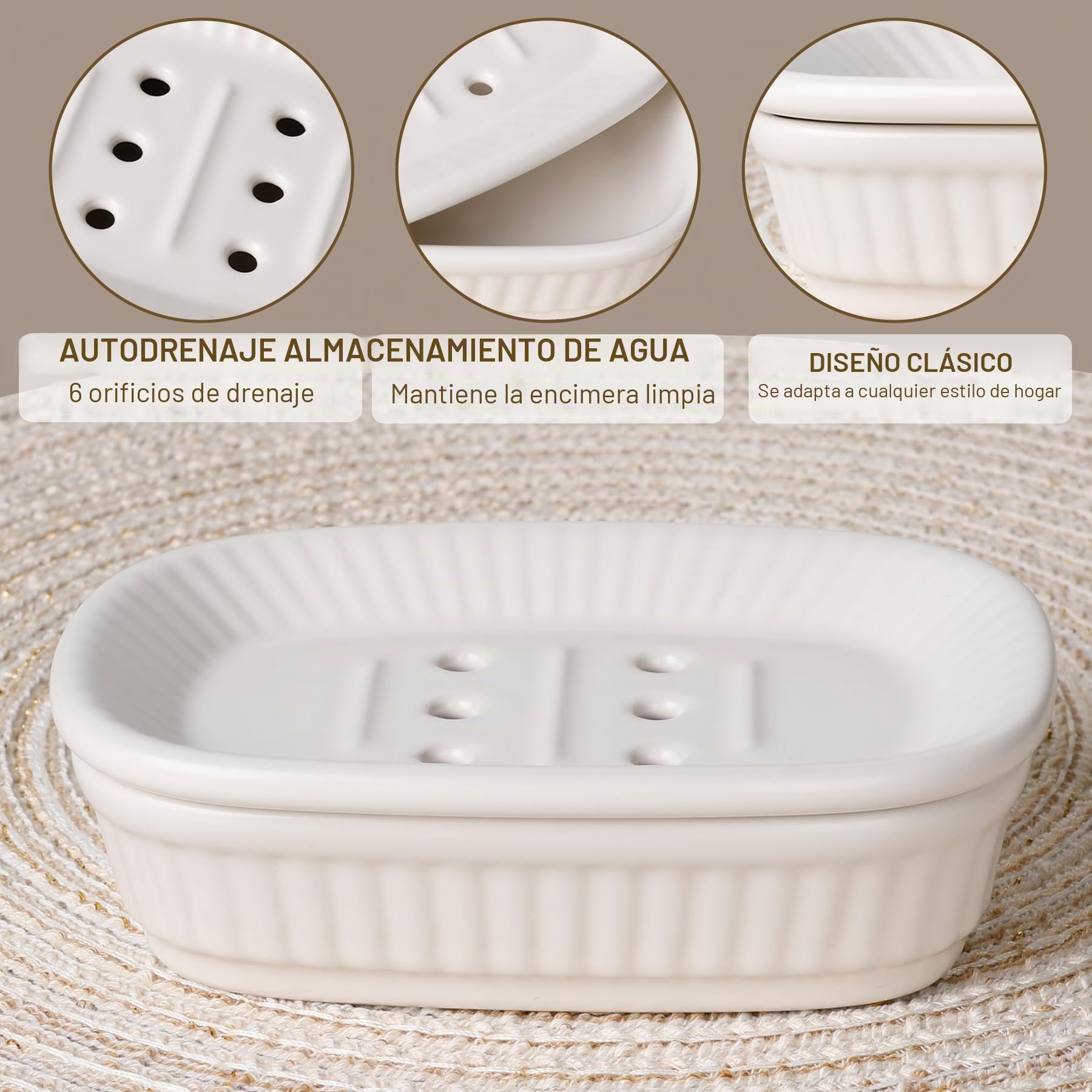NOVAJOY Juego de baño, organizador de baño de cerámica de 5 piezas con dispensador de jabón, jabonera, soporte para cepillo de dientes, recipiente de bastoncillos de algodón, beige y blanco