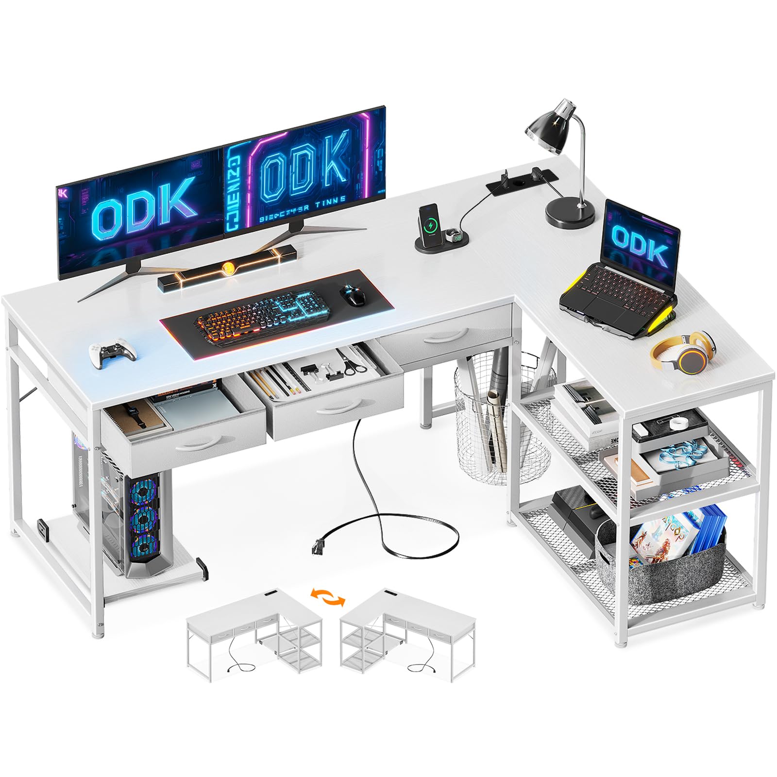 ODK Escritorio con Cajones, Escritorio en Forma de L con Regleta, Escritorio Esquinero Blanco con Diseño Reversible, 135×100 cm