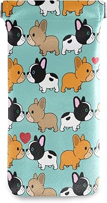 Squeeze Top Sunglasses Pouch Eyeglass Cases PU Leather Soft Anti-Scratch Eyeglass Holder (Sweet Cartoon Puppy Dog French Bulldog)