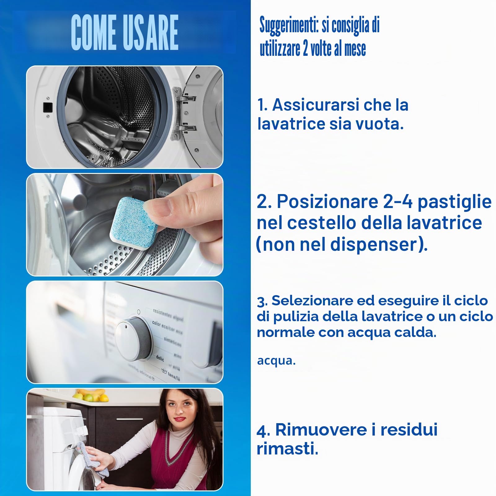 Detergente per lavatrice, Tabs Anti-limescale Washing Machine 1 Pack of 24 Tablets, adatto per lavatrice a carica frontale e superiore, rimuove odori, sporcizia e accumuli, sicuro per fosse settiche