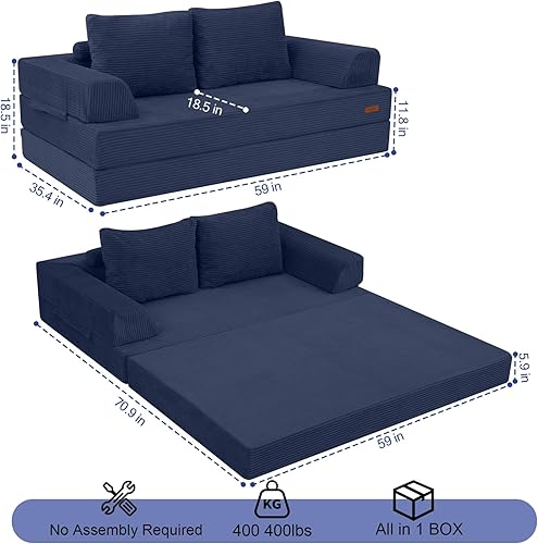 Miniatura 2 de COMAX Sofá cama convertible, sofá plegable de pana plegable, sofá cama futón con almohadas, sofá sin hueso, cómodo sofá biplaza para sala de estar y