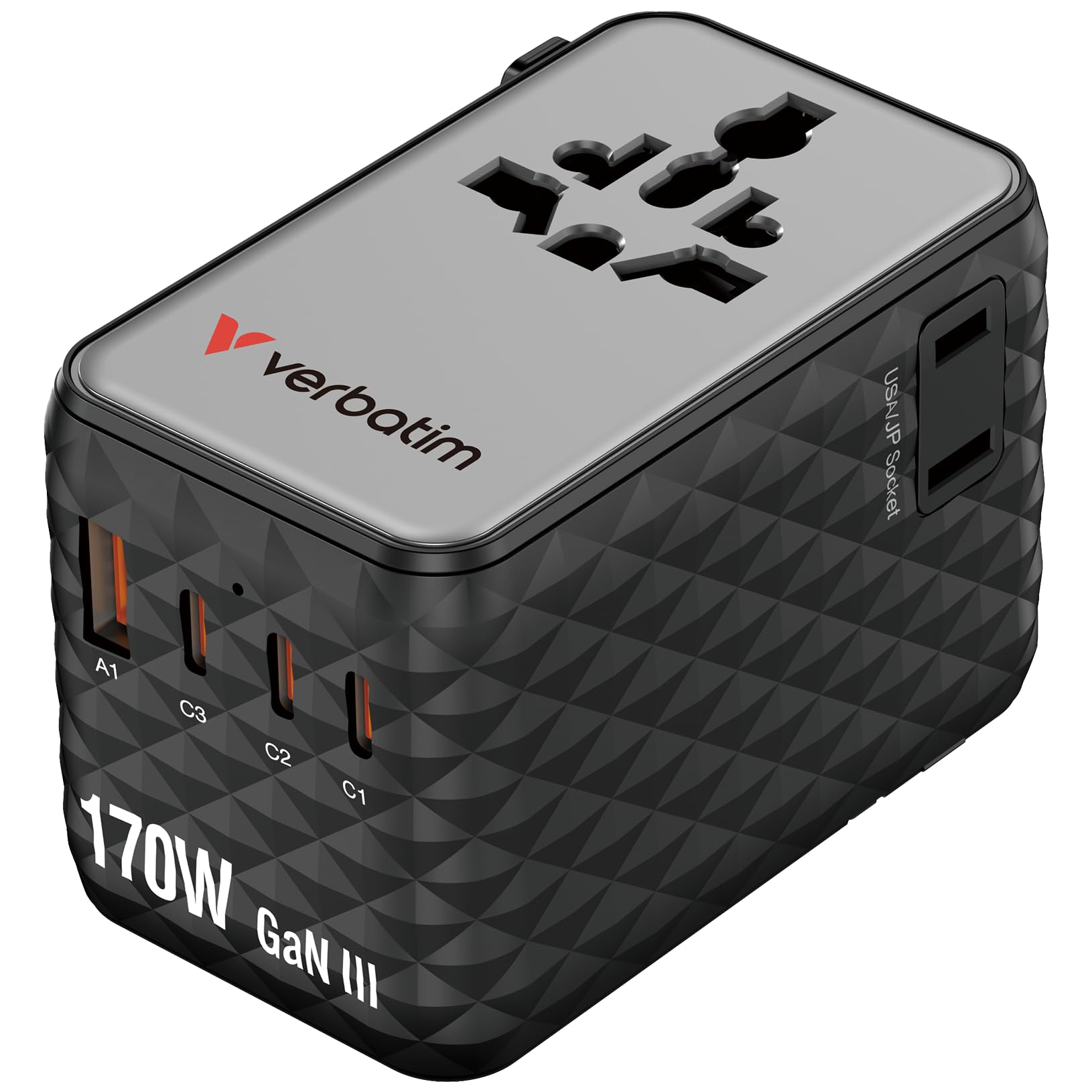 Verbatim GaN uniwersalny adapter podróżny 170 W, czarny, adapter do gniazdka i 3 x USB-C, 1 x USB-A, 2 x USA/JP, szybka ładowarka do laptopa, smartfona i wielu innych, do zastosowania na całym świecie