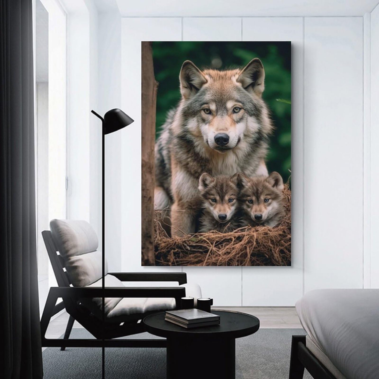 Junmoney Wolf With Pups Canvas Wall Art, 20x30inch(50x75cm), for Living Room, Bedroom Or Apartment Walls, A Home Accent with Warm Character