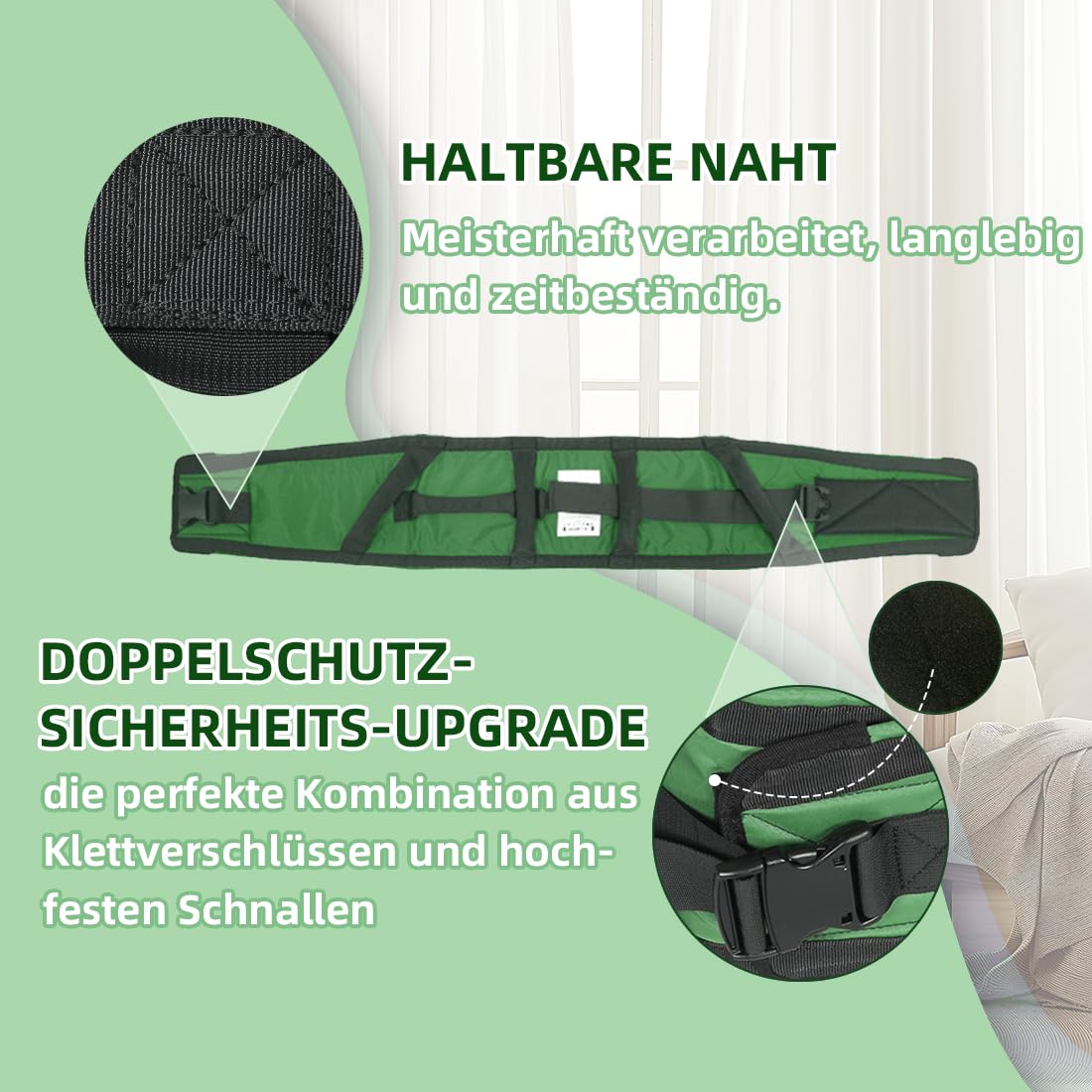 Gehgurt Transfergurt mit 7 Griffen – Pflegegurt für Senioren und Patienten, komfortabler Umsetzgurt mit Klett und Schnalle, verstellbar, bis 150 kg belastbar (Grün, Übergröße)