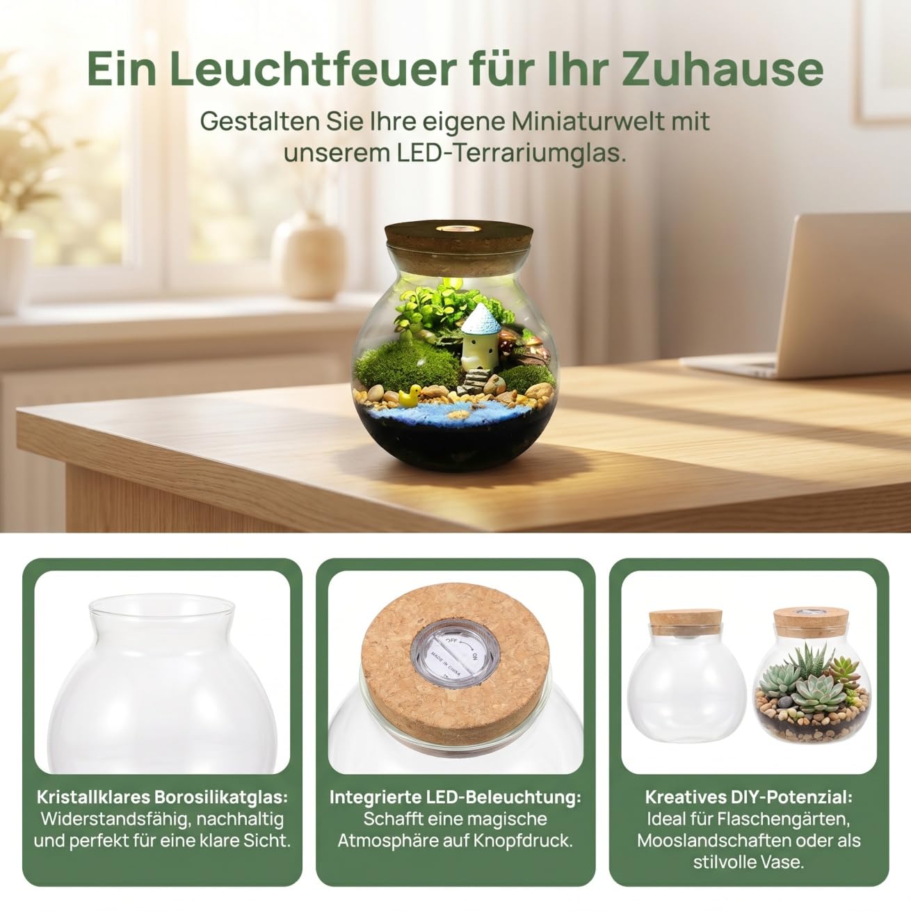 Minkissy Flaschengarten Glas mit LED Pflanzglas mit Deckel aus Borosilikatglas Deko Glas Terrarium Mini Aquarium Vivarium für Pflanzen DIY
